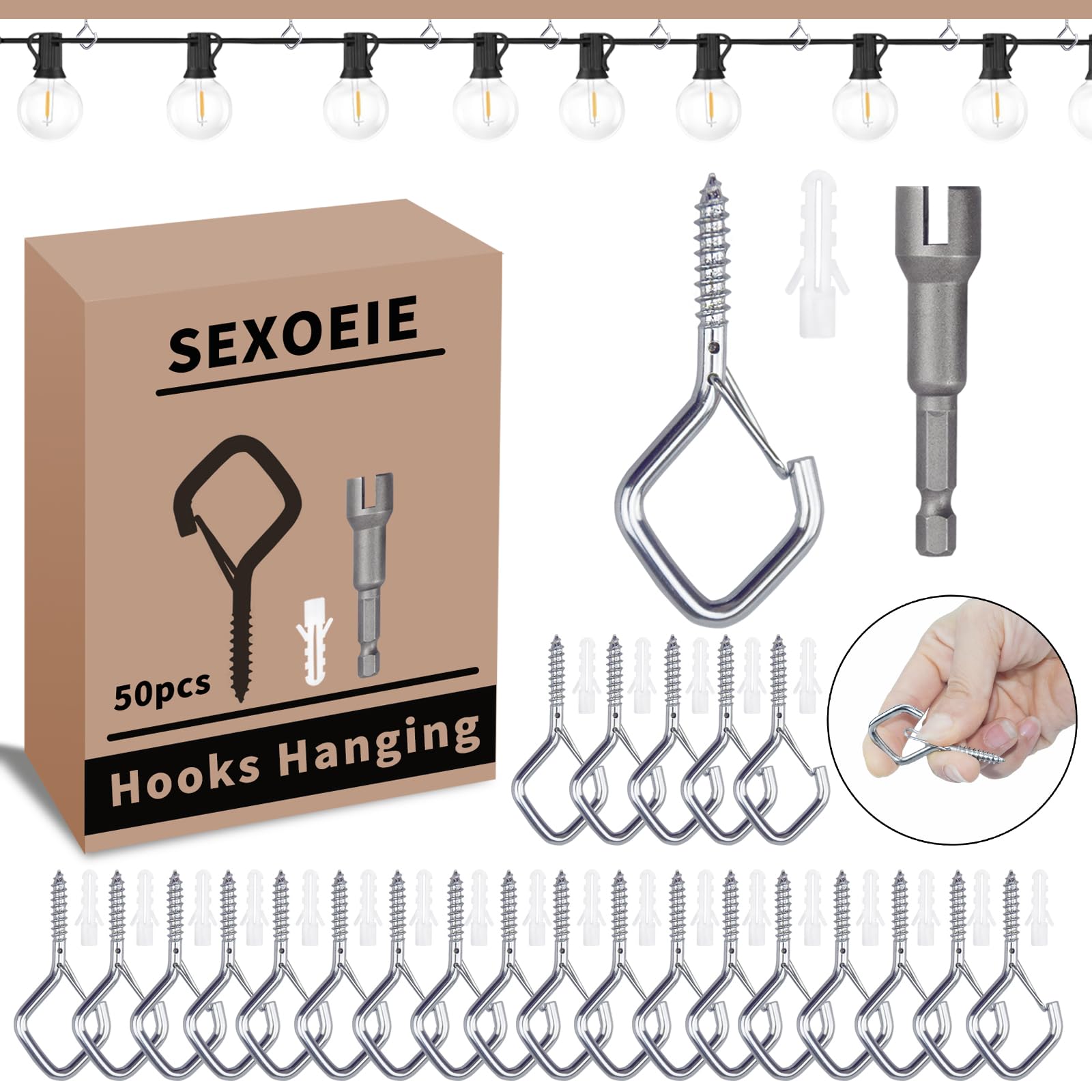 50 ganchos de tornillo plateados para colgar resistentes con hebilla de seguridad. Ganchos de techo de metal para colgar plantas, tazas, campanillas de viento, comederos de pájaros, luces de