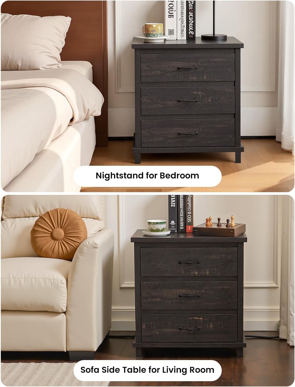 Black Nightstand Set of 2, High Dresser for Bedroom with 3 Drawers, Bedside Table Night Stand End Table with Natural Unique Wood Grains for Bedroom, Closet, Entryway, Small Space