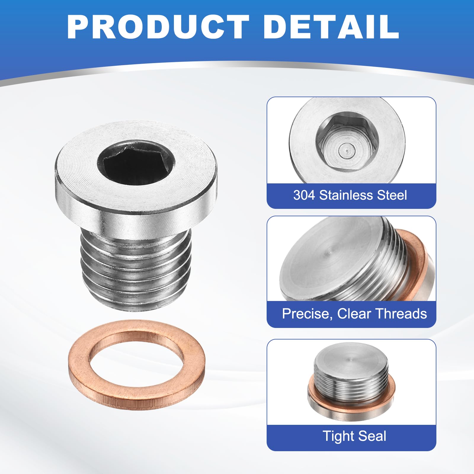 PATIKIL Tappo Filettato Metric M12 x 1.5 Testa Esagonale Interna In Acciaio Inox 304 Con Rame Per Tenuta Olio Gas Acqua