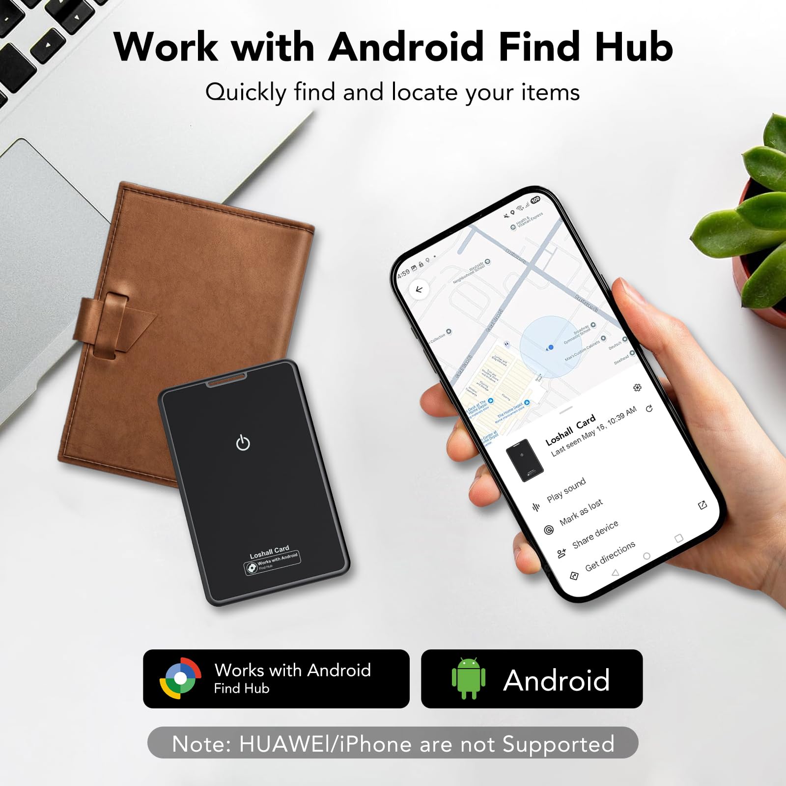 2026 Nouveau (Uniquement Android) Bluetooth Wallet Smart Tracker Card Lot de 2 Fin 1.6mm, 5 Ans Batterie, IP68 Imperméable, Fonctionne avec l'app Google Localiser,pour Portefeuille/Valise/Bagage, Noir