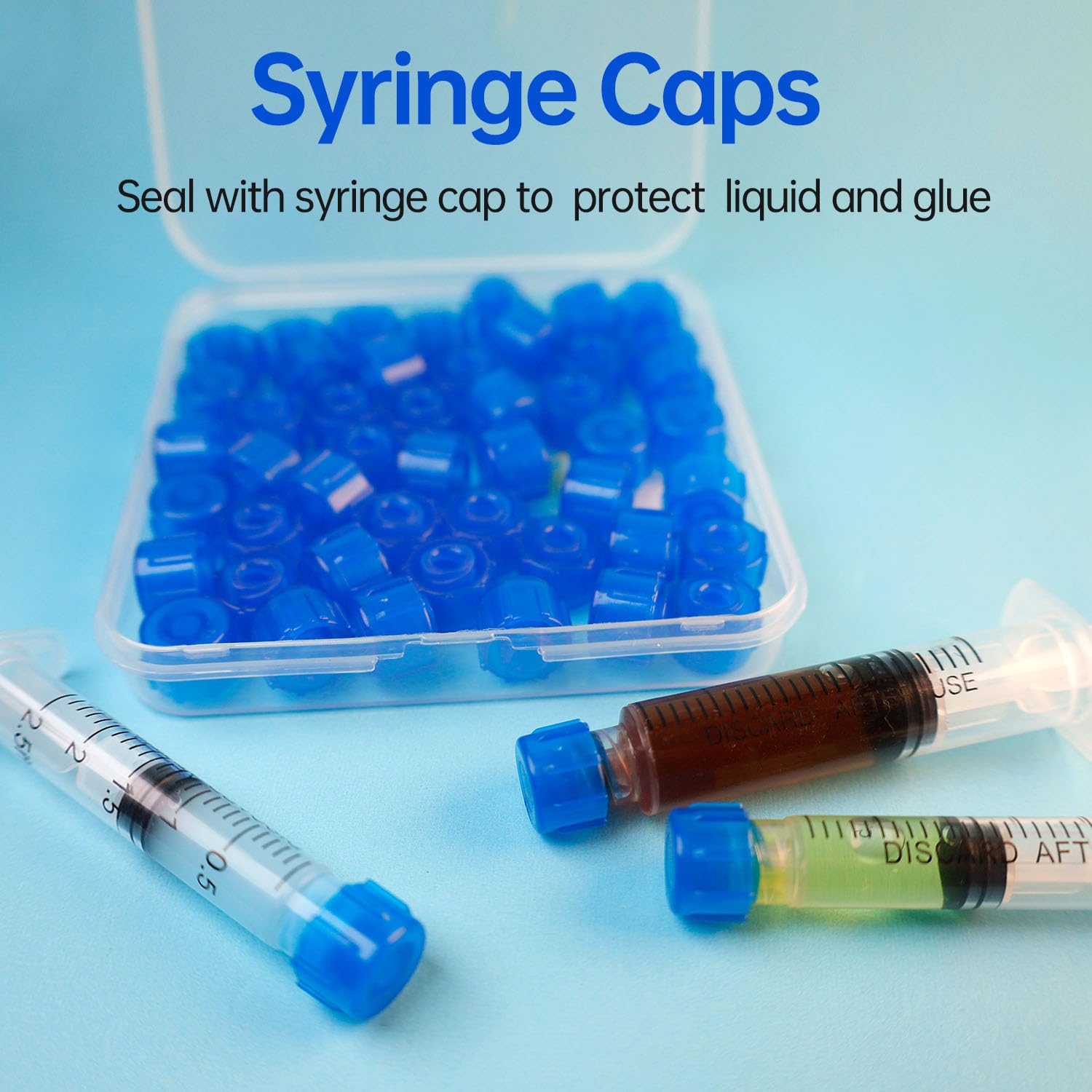 50 Pcs Syringe Tip Caps with Storage Box - Fits Luer Lock & Luer Slip Syringes Cap, Easy Dispensing for Feeding Tubes & Lab Use, Non-Sterile, Blue