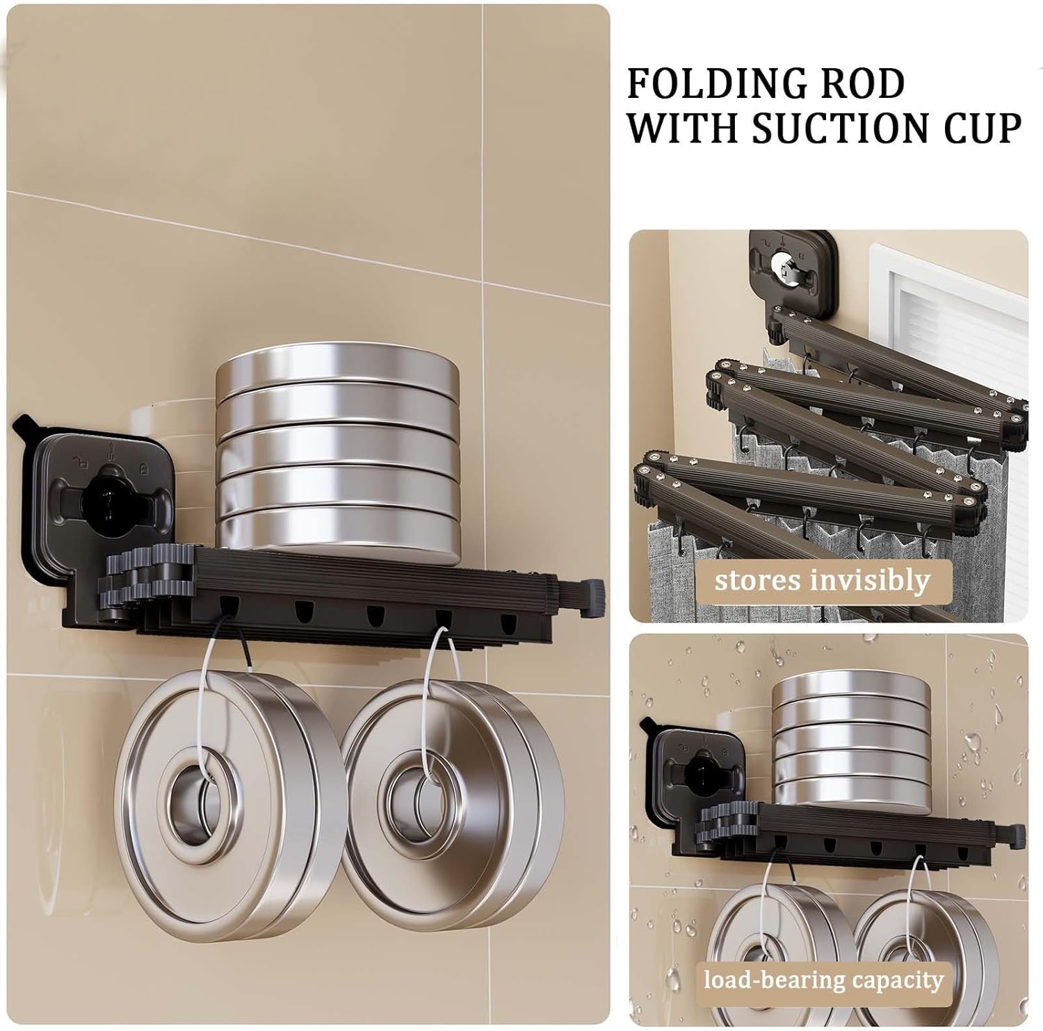 Aluminum Folding Magnetic Shower Curtain Rod, Waterproof Corner Rod with Suction Cup Fixation, Wall Mount for Bathroom Window Closet