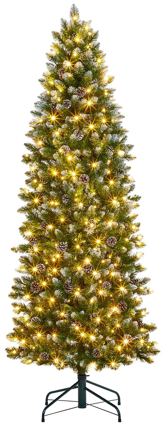 Árbol de Navidad artificial estrecho de 230 cm con iluminación, árbol de Navidad preiluminado, lápiz artificial con conos, agujas y blanco cálido, 350 LED, aprox. 1000 puntas