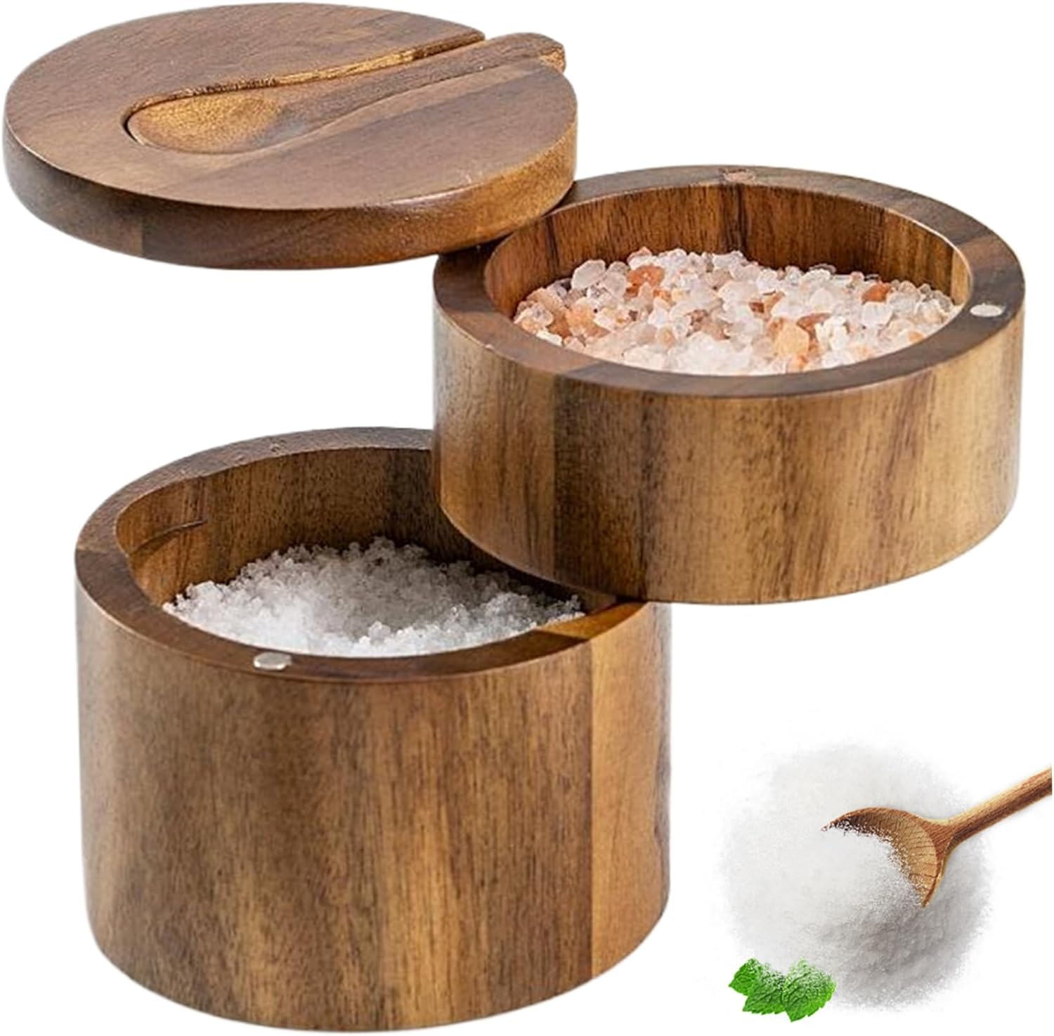 Bamboo Salt Cellar, Salt Box with Swivel Lid & Spoon, Double-Layer Wooden Box with Lid, Bowl for Spices