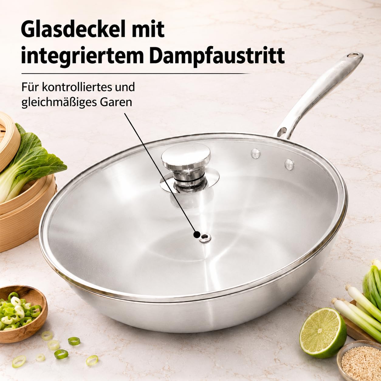 ⌀30 cm Wok Pfanne aus Edelstahl, unbeschichtet & langlebig, 3-lagiges Material für optimale Wärmeverteilung, mit Glasdeckel, vielseitig verwendbar, für alle Herdarten geeignet