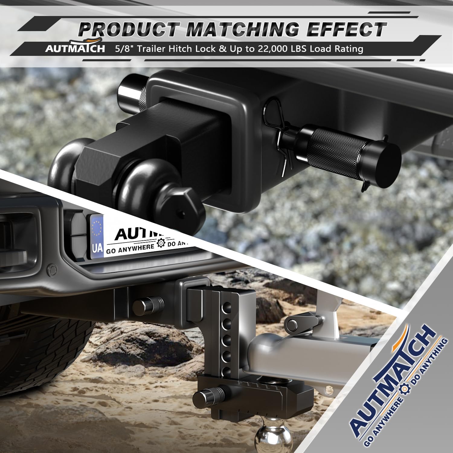 AUTMATCH Trailer Hitch Lock 5/8" - 4" Extra Long Span & Anti-Theft Hitch Locking Pin, Fits Class III IV V 2"-3.5" Receivers, Heavy Duty Towing Lock Pin for Jeep, Trailer, Truck, RV, Bike Rack, Black