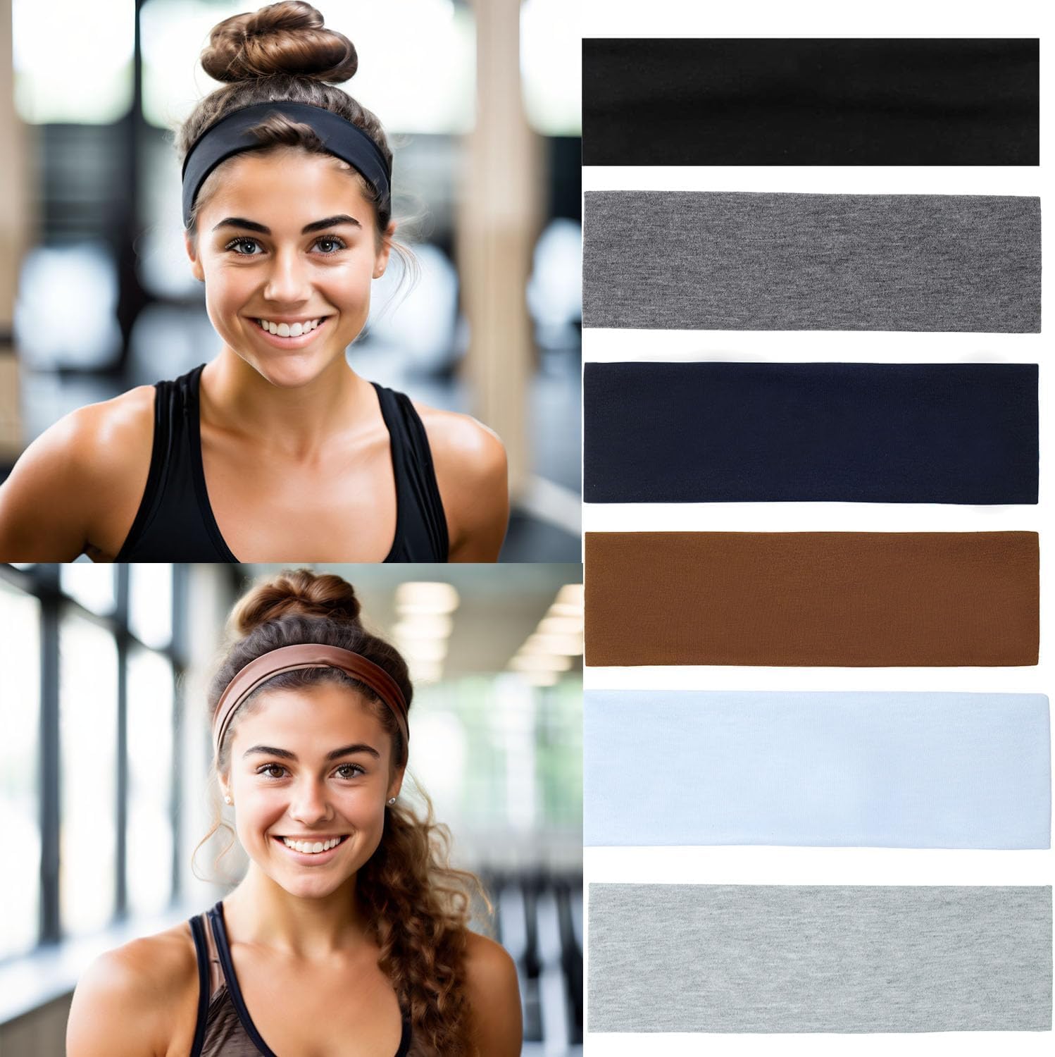 6PCS Headbands for Women Non Slip - Fashion Elastic Sports Hair Bands for Women’s Hair - Soft Cotton Cloth Stretchy Headbands for Girls for Yoga Workout Exercise Running Sports
