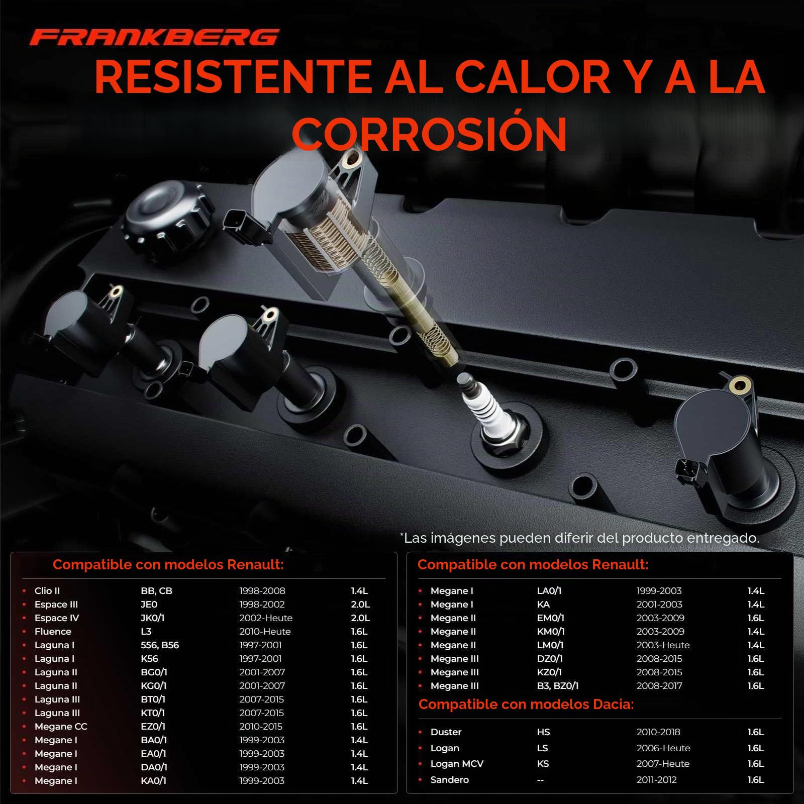 Frankberg 4 bobinas de encendido + 4 bujías 7700107177 | Compatible con: M.e.g.a.n.e I Clásico LA0/1, Grand Scénic III JZ0/1, Thalia II LU, M.e.g.a.n.e I Entrenador DA0/1