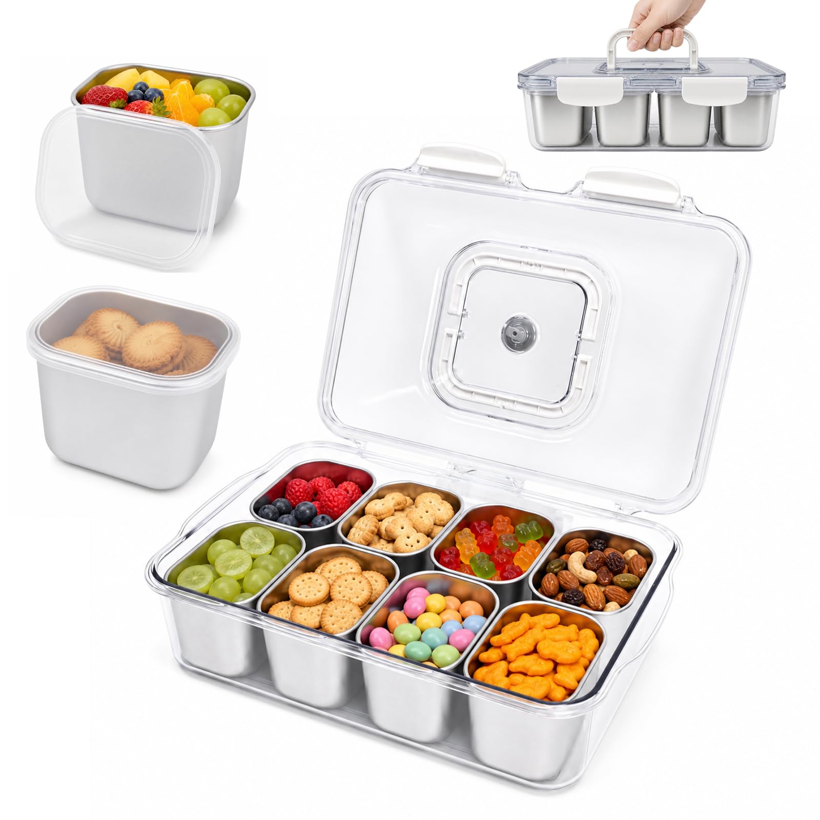Lot de Snack Box avec 8 Pcs Boites Inox 300 ml | Boite Conservation Alimentaire de 4500ml avec Couvercle et Poignée, Senza BPA, Boîtes Alimentaires pour Meal Prep