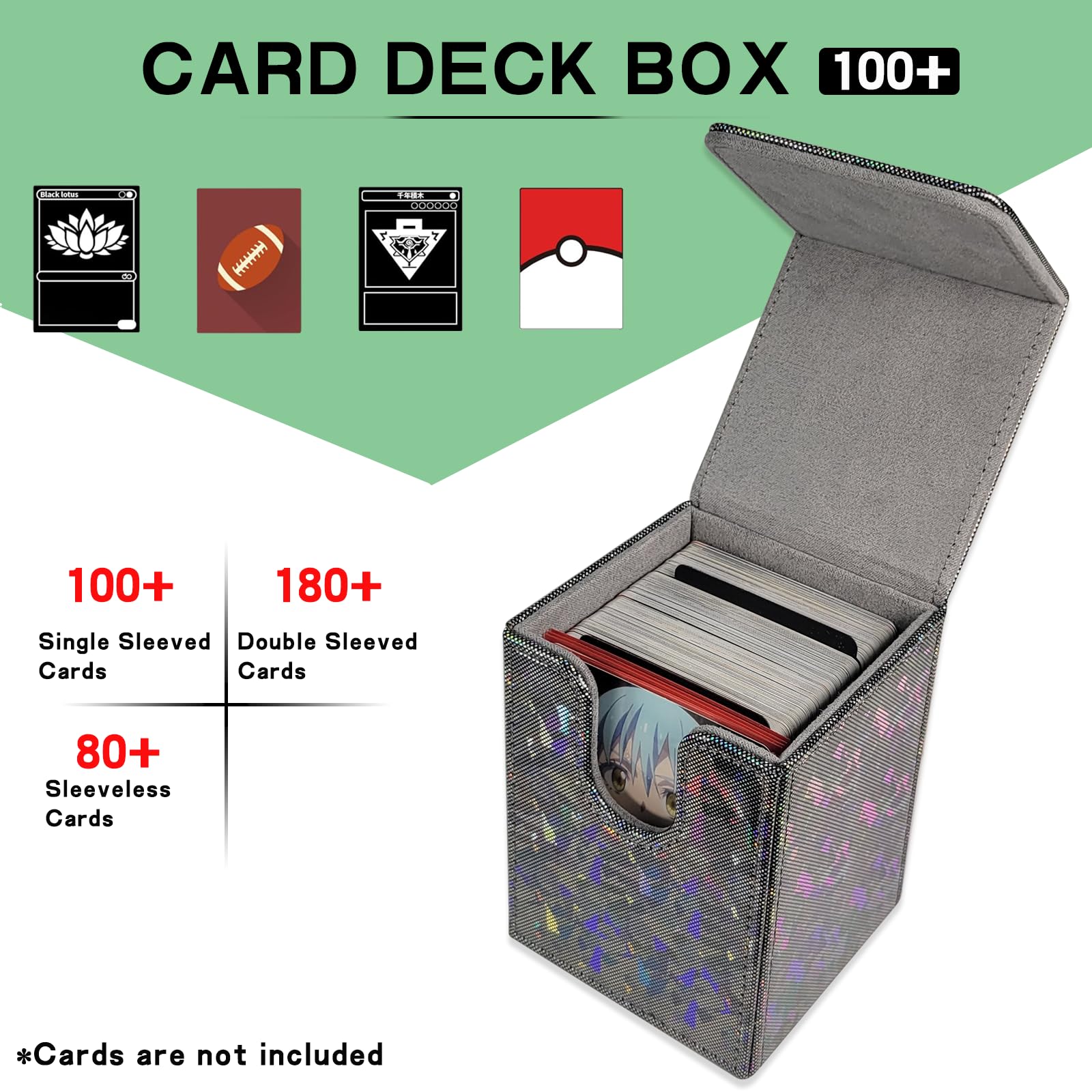 Dmoicols Caja de cartas brillante con capacidad para más de 100 tarjetas de una sola manga, funda de almacenamiento de tarjetas de cuero, caja de mazo MTG Commander con 2 separadores para tarjetas