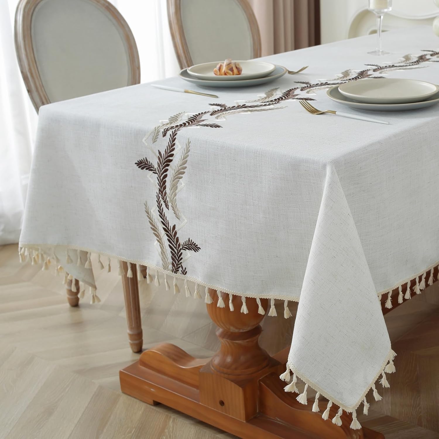 Alsoo Table Cloth Rectangle Table Rustic Waterproof Tablecloth Cotton Linen Wrinkle Free Spring TableCloths for Parties, Kitchen Dining, Holiday, Outdoor (Coffee Lines, 8-10 Seats, 55"x106")