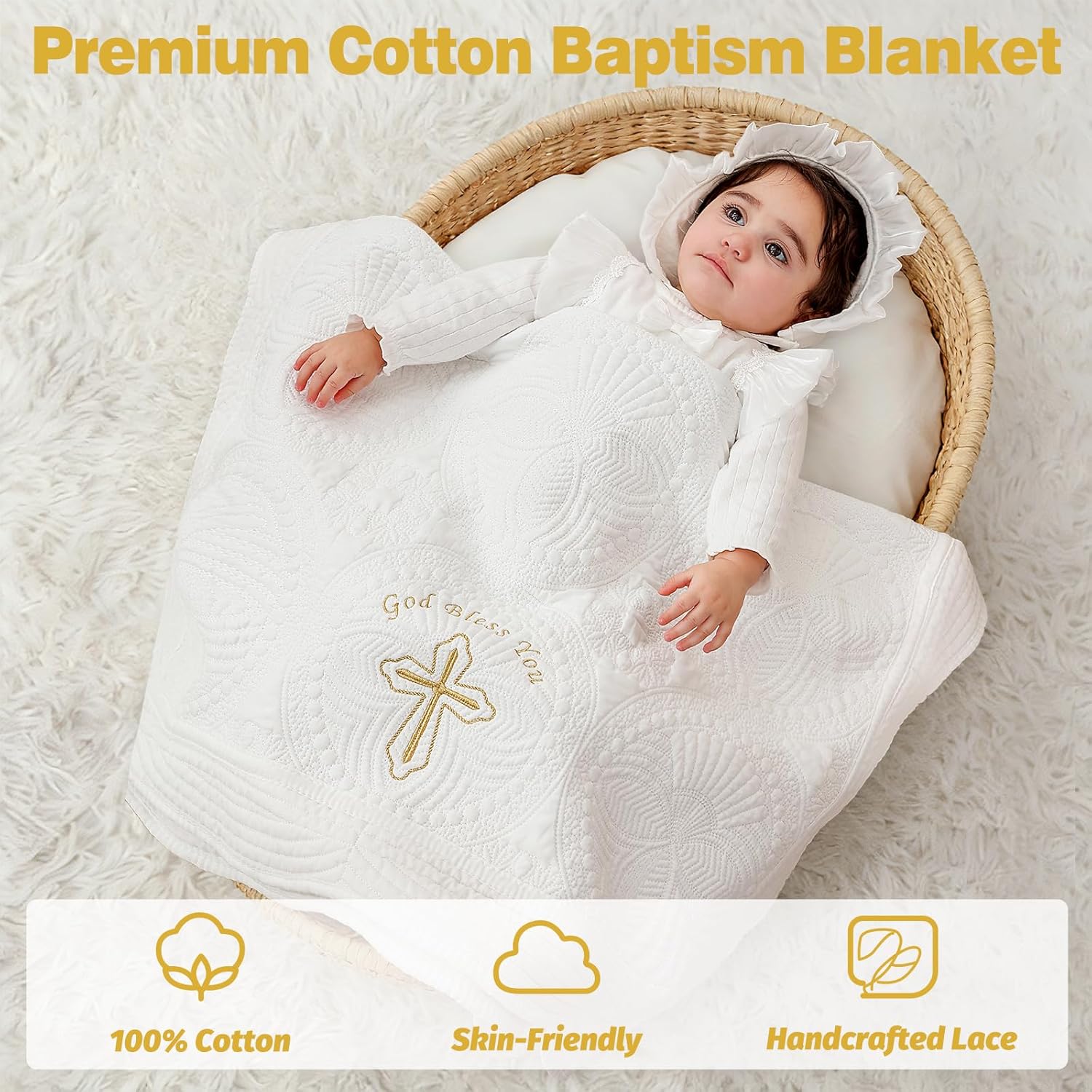 Embroidered Baptism & Christening Baby Blanket – Soft Quilted Cotton 33×45 in Heirloom Quilt for Boys & Girls, Scalloped Edges, Christian Keepsake with Gift Box - Image 4