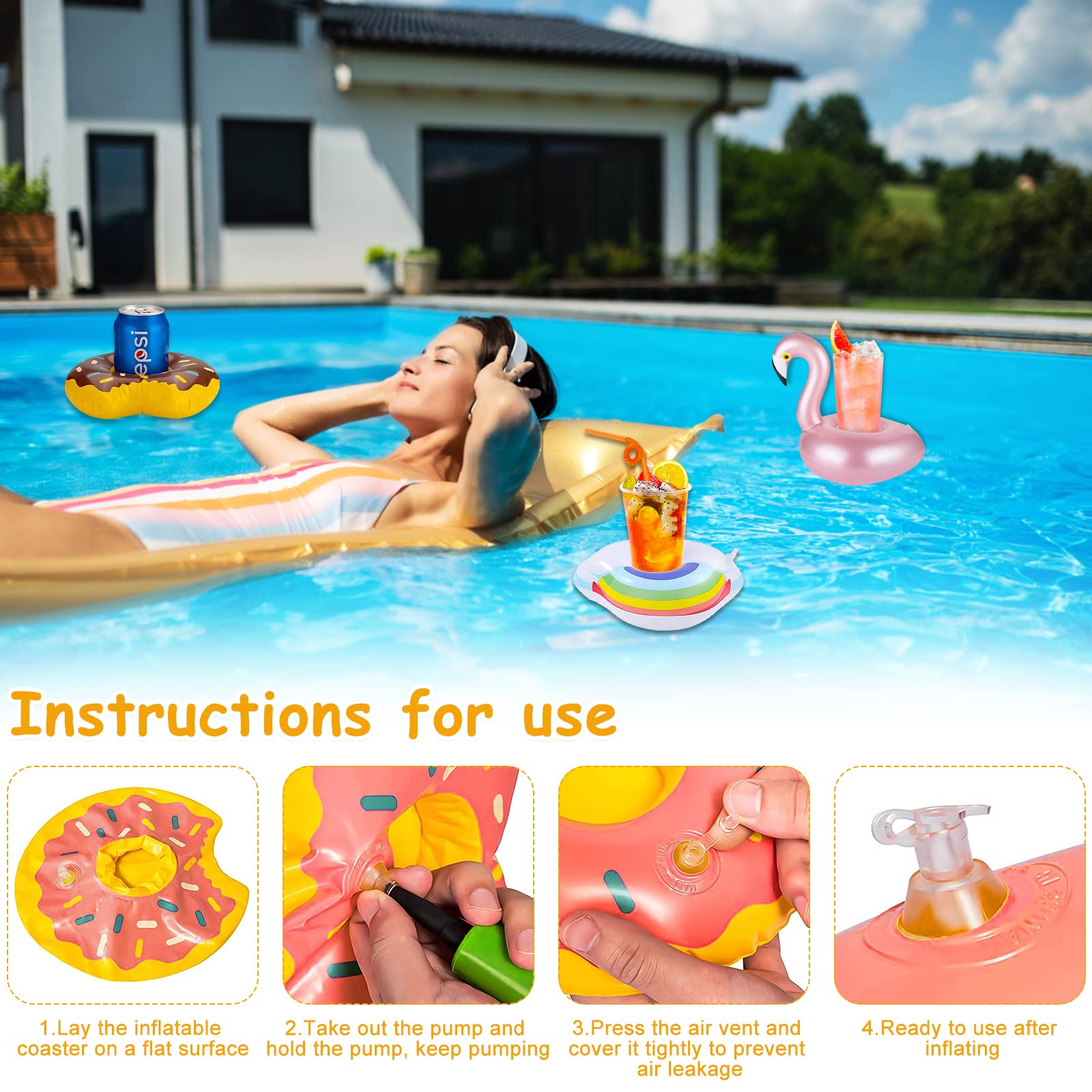 Porte-Gobelets Gonflables Pour Piscine - Lot De 15 Avec Pompe - Flamant Rose, Palmier - Jouet Enfant, Décoration Fête