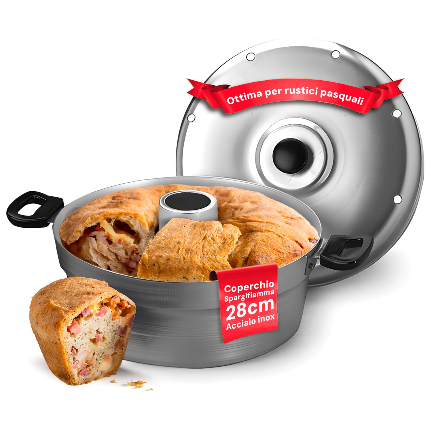 Avilia Pentola Forno a Gas con Coperchio e Spargifiamma 28cm - Alluminio Puro 99,5% e Spessore di 1mm - Maniglia in Ferro Zincato per Presa Sicura e Comoda - Pomo in Ferro e Piastra in Acciaio Inox