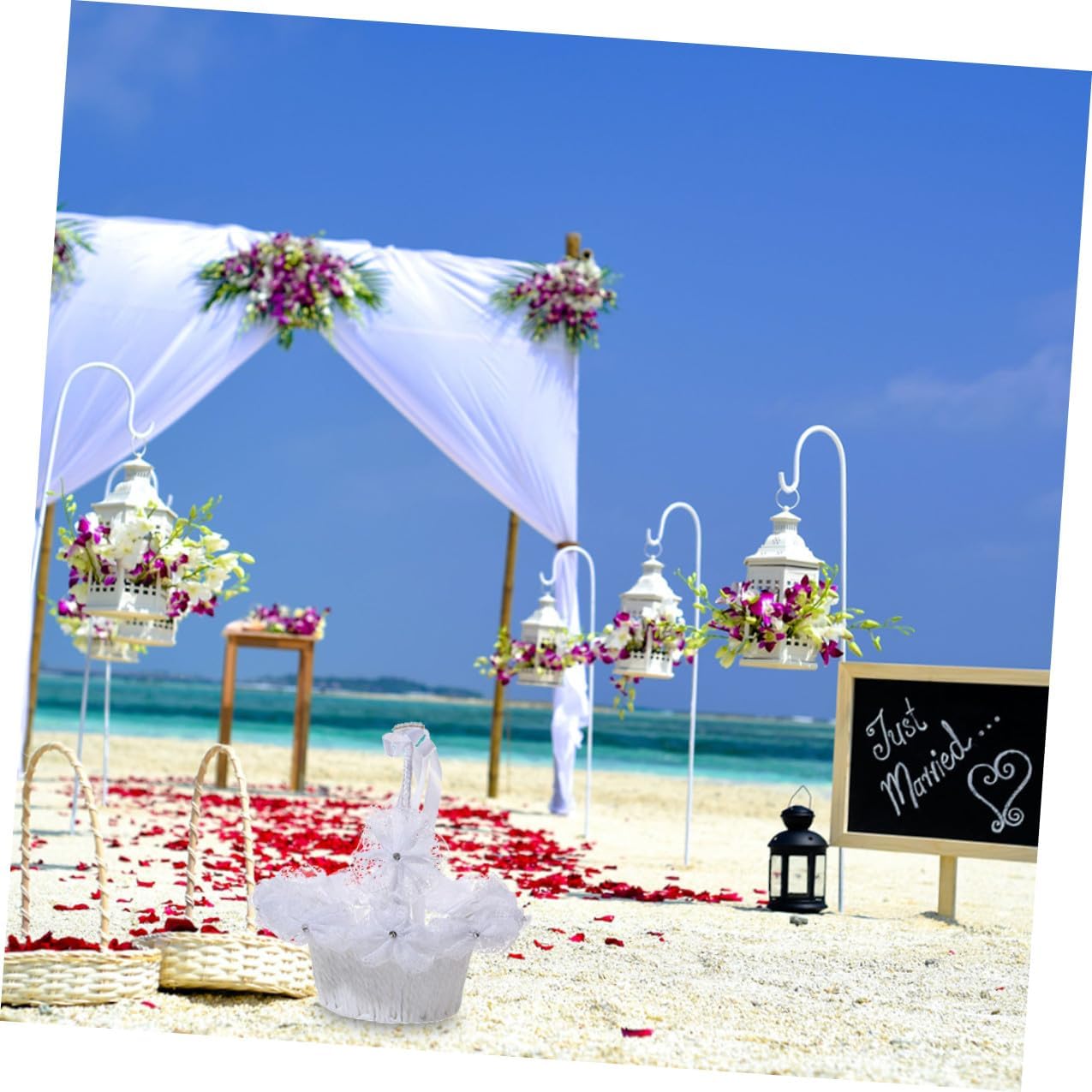 LABRIMP Pearl and Rhinestone Bow Wedding Flower Basket for Flower, White Decorative Basket with Handle for Wedding Decor and Ceremony Supplies