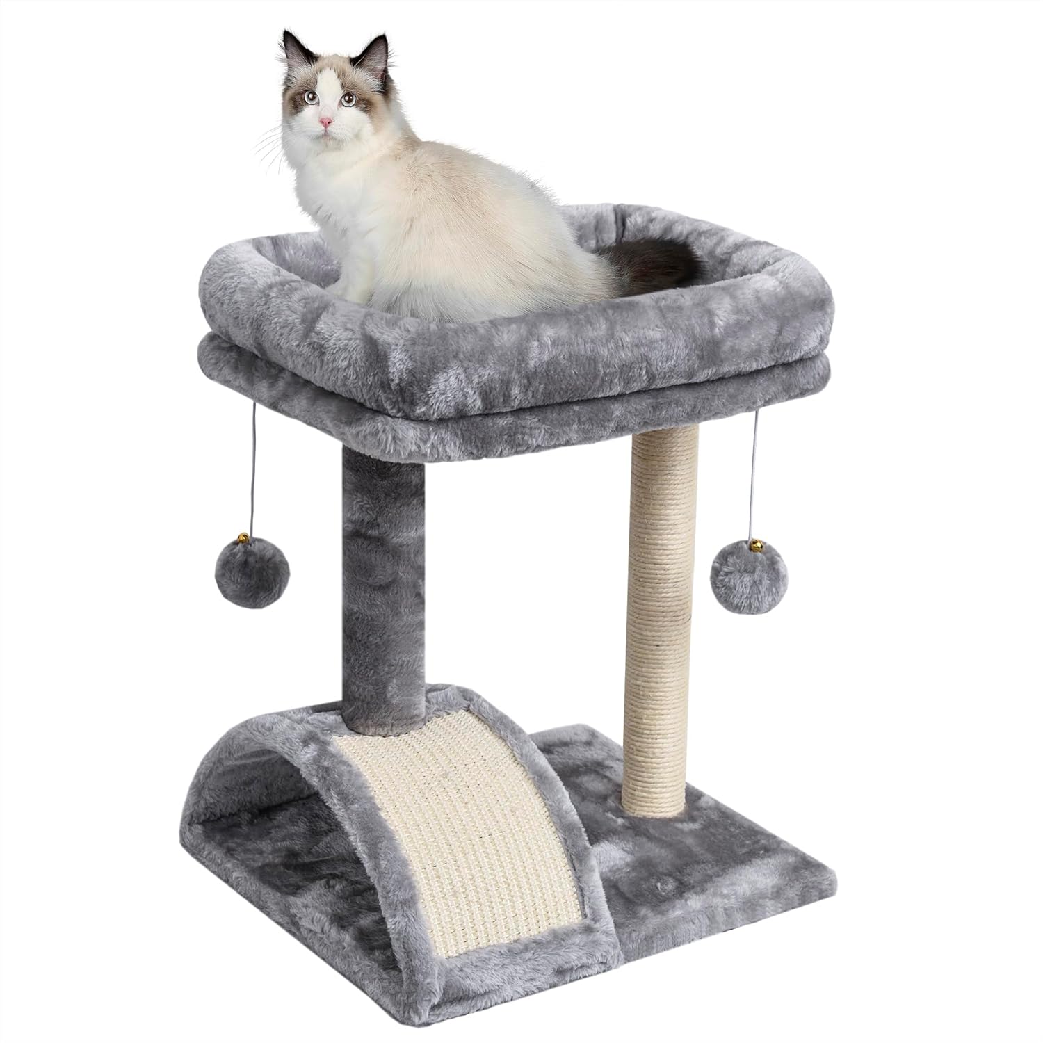 Small Cat Scratching Post with Bed,Sisal Scratcher Board for Indoor Cats with 2 Hanging Balls,Plush Perch,Removable Washable Cover,Great for Kittens