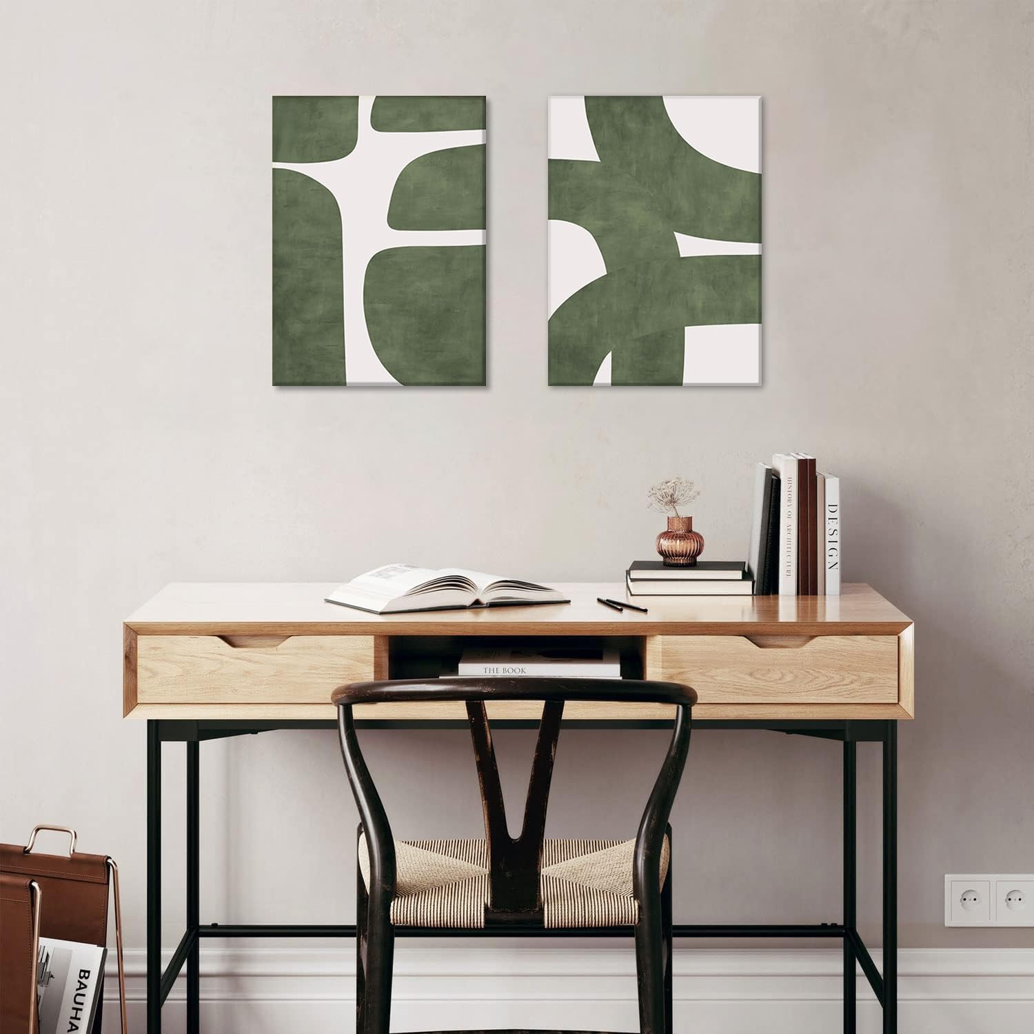 Set of 2 Green Abstract Canvas Wall Art Modern Minimalist Wall Decor Green and White Beige Line Pictures Prints Wabi Sabi Paintings Living Room Home Decoration 16x24inch Ready to Hang