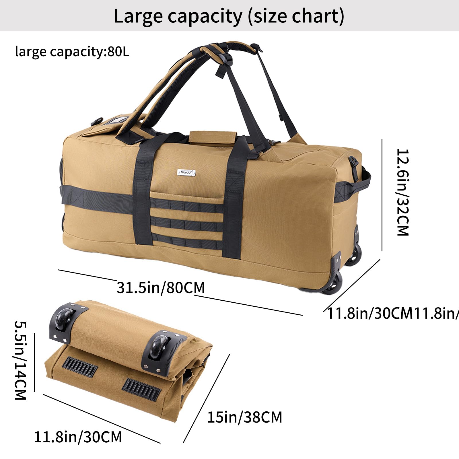 Reisetasche mit Rollen, großer Rollrucksack, militärischer taktischer Rollen, faltbar, für Einsatz, Camping, Sport, Wochenender, Übernachtung, persönliche Gegenstände, Seesack, 80 l, Khaki, 31.5" L x