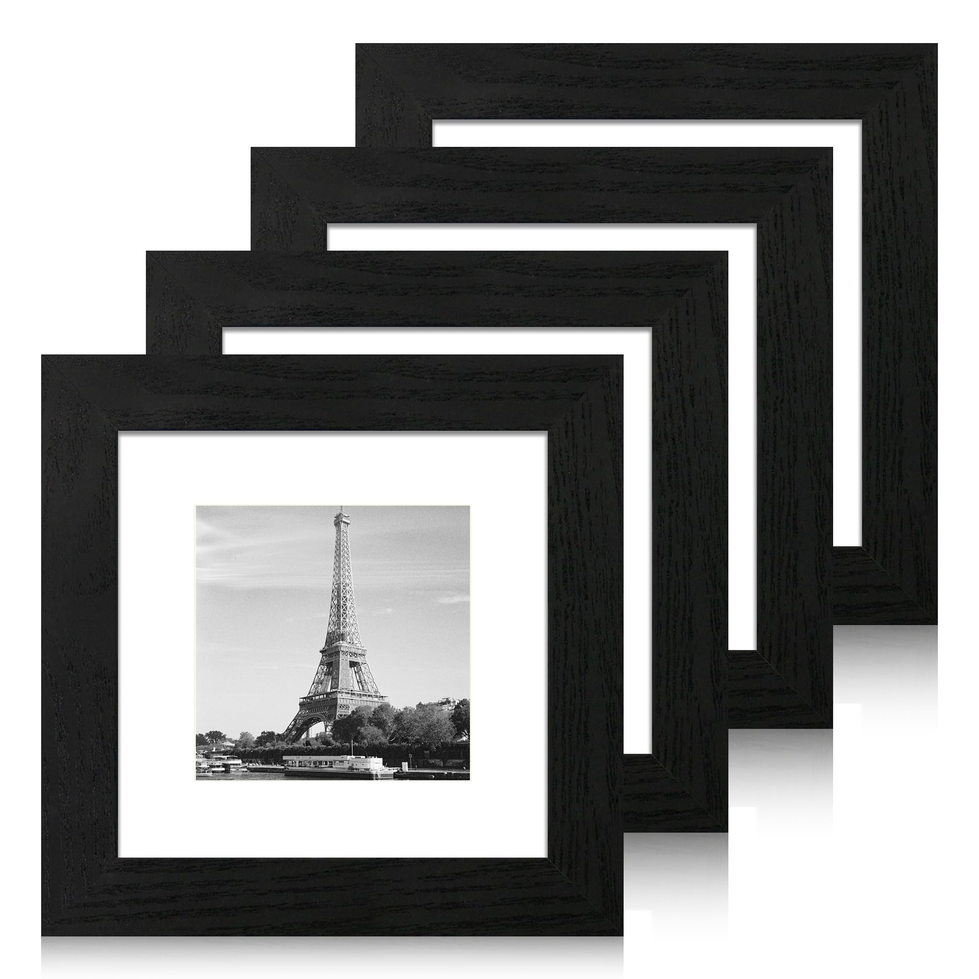 iRahmen 6x6 Picture Frame Set of 4 with High Definition Glass, Black Frames Display 4x4 Picture with Mat or 6 x 6 Without Mat, Square Wood Photo