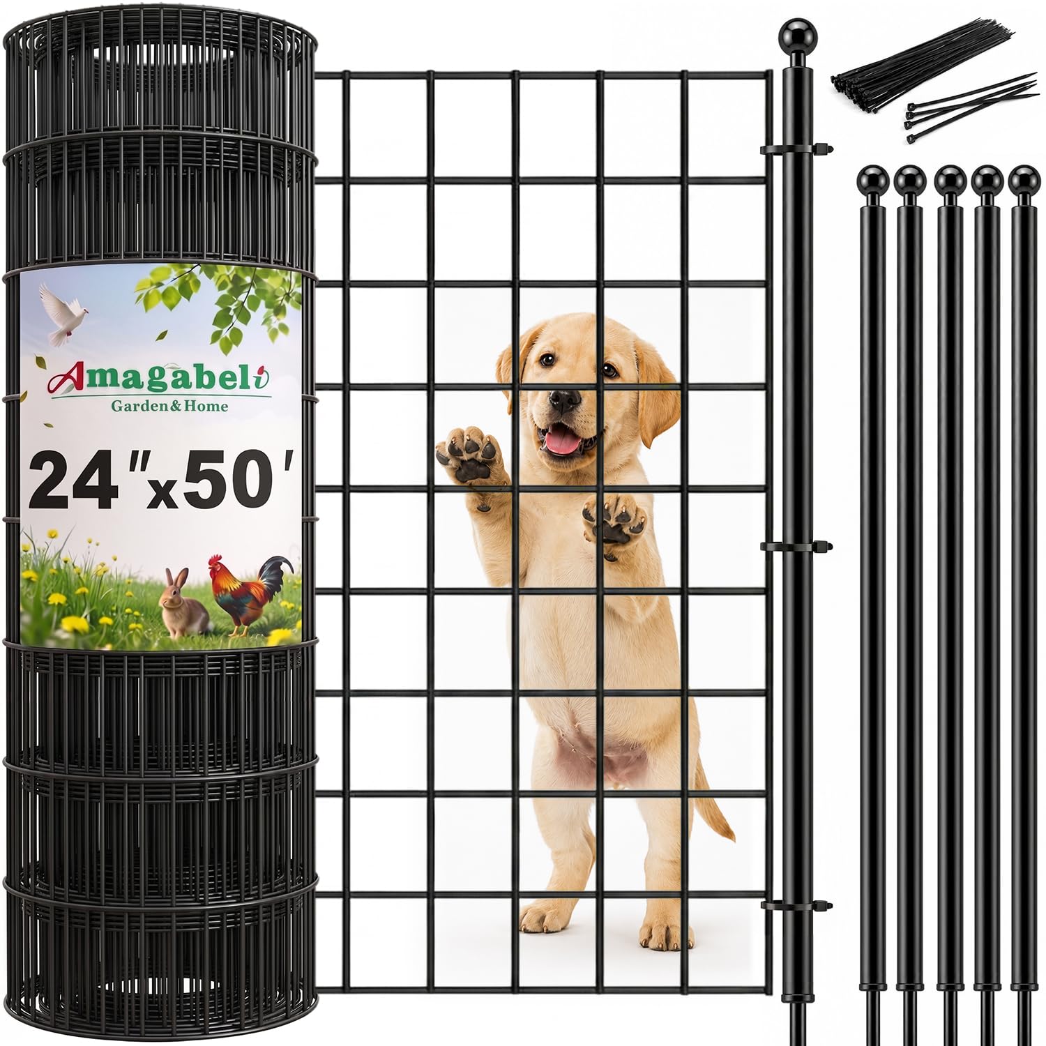 24in(H) x 50ft(L) Black PVC Coated Welded Wire Fence Roll Wire Mesh Fence Kit with 7 Ground Stakes 29 Zip Ties No Dig Temporary Fence for Garden Chicken Rabbit Barrier Plant Trellis Flower Bed Border