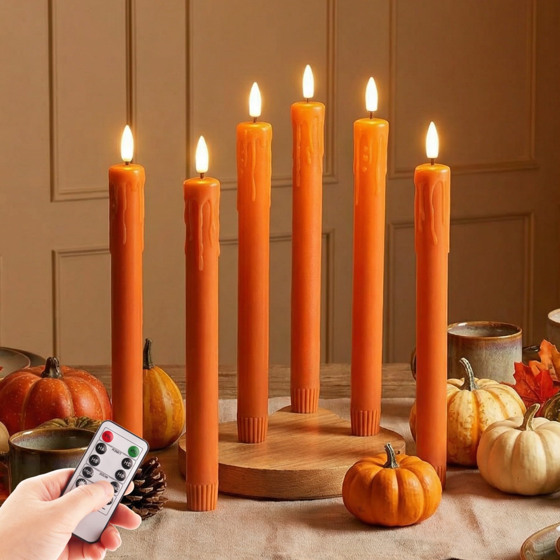Burnt Orange Dripping Wax Fall Halloween LED Taper Candles with Remote