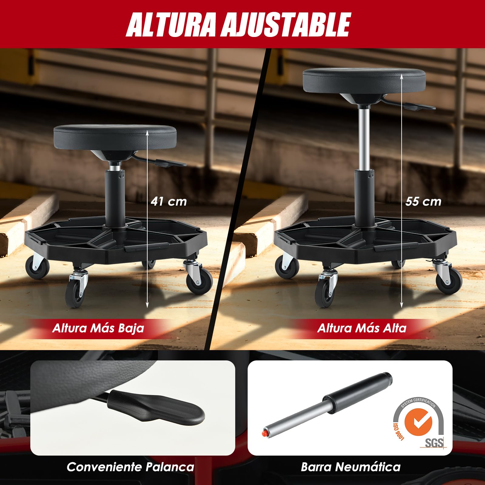 COSTWAY Neumático Rodante Taburete Mecánico, Asiento Ajustable con Asiento Acolchado de 150 KG, Bandeja para Herramientas, Taburete Rodante para Garaje y Taller de Reparación de Automóviles (Negro)