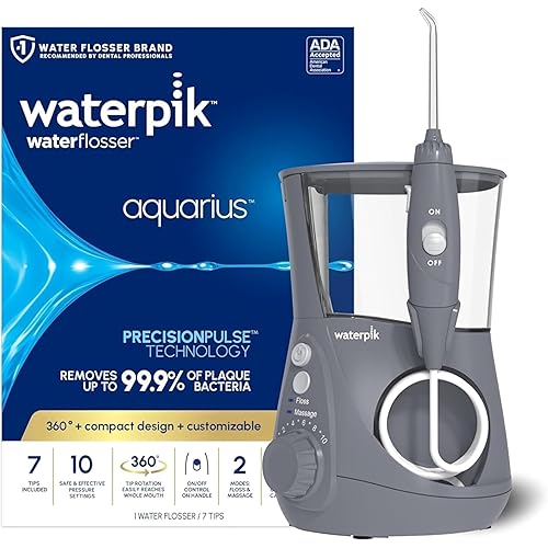 Waterpik Acuario irrigador dental para limpieza de dientes, encías, aparatos ortopédicos, cuidado dental, energía eléctrica con 10 ajustes, 7