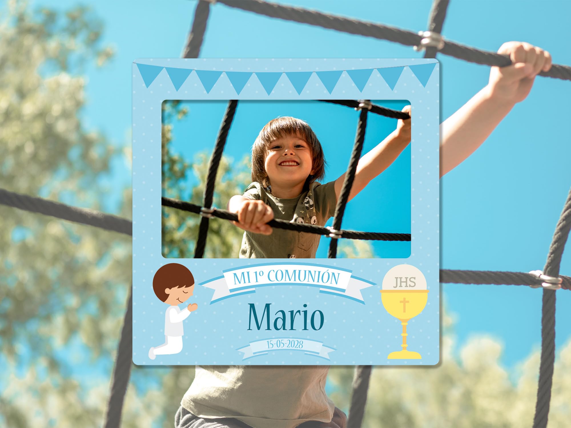 Oedim Photocall + Cartel Mi Primera Comunión Niño Azul Personalizado, 100x100cm, 75x48cm, Eventos o Celebraciones puntuales, Ventana Troquelada, Photocall Divertido