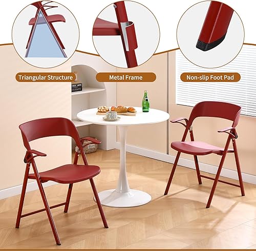 Miniatura 6 de Silla de oficina con brazos, color rojo, paquete de 2 sillas plegables de plástico, cómodas sillas de comedor apilables, silla plegable portátil con