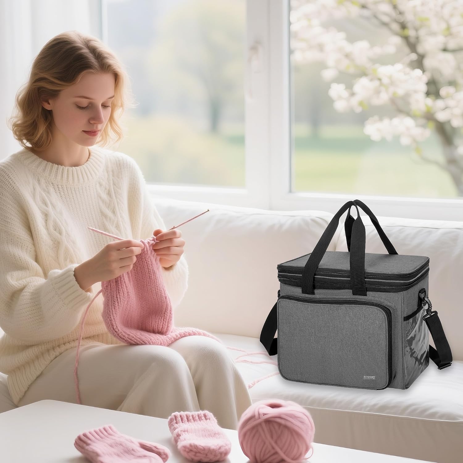 Teamoy Knitting Bag with Divider and Cover, Portable Yarn Storage Organizer for Crochet Accessories and Knitting Needles,Ideal for Knitting Enthusiasts, Gray