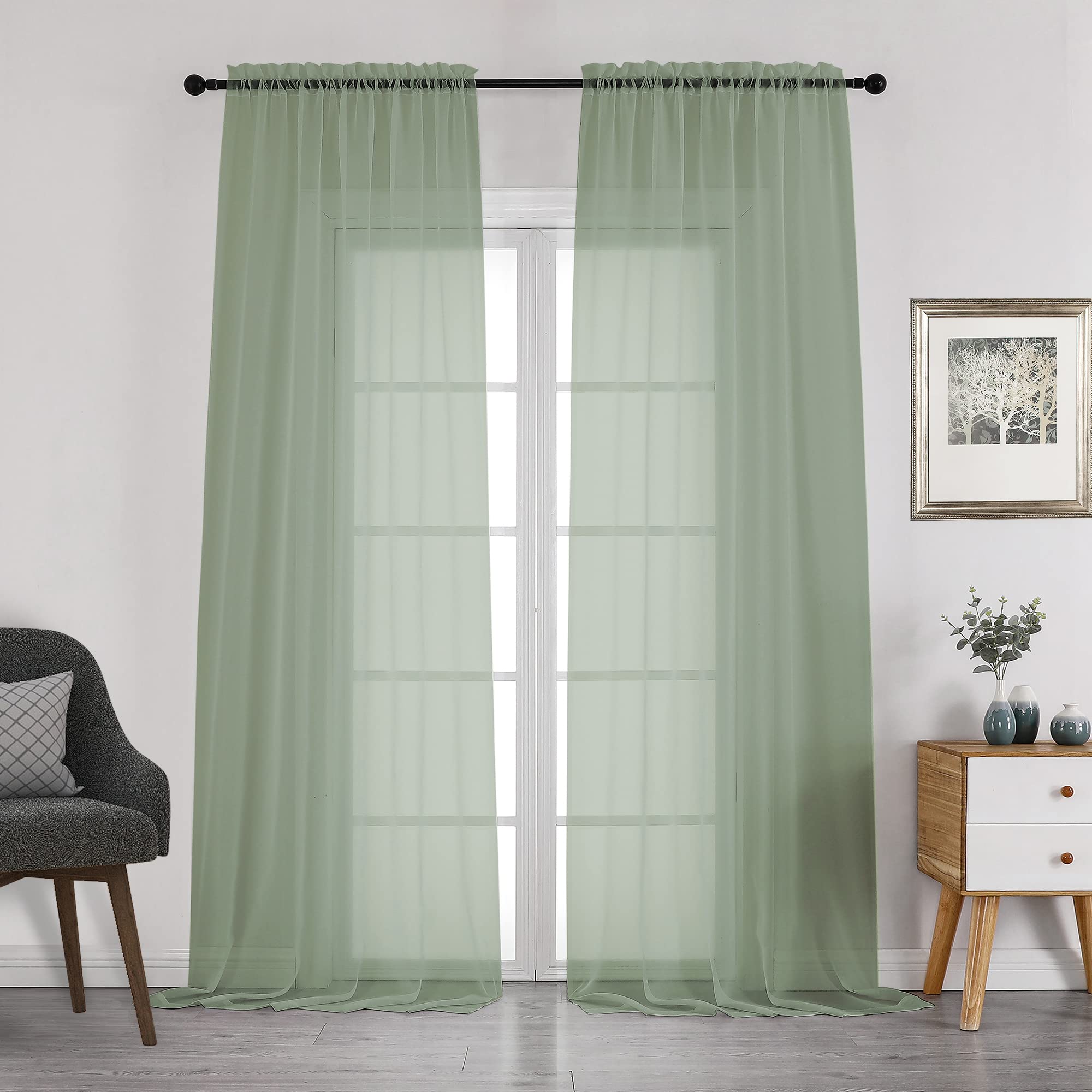 Chyhomenyc Sage Green Sheer Curtains 108 Inches Long - Light Filtering Voile Extra Long Panel Drapes for Floor to Ceiling Window, Elegant Soft Living Room Curtains, Each 42Wx108L Inch, 9FT, 2 Panels