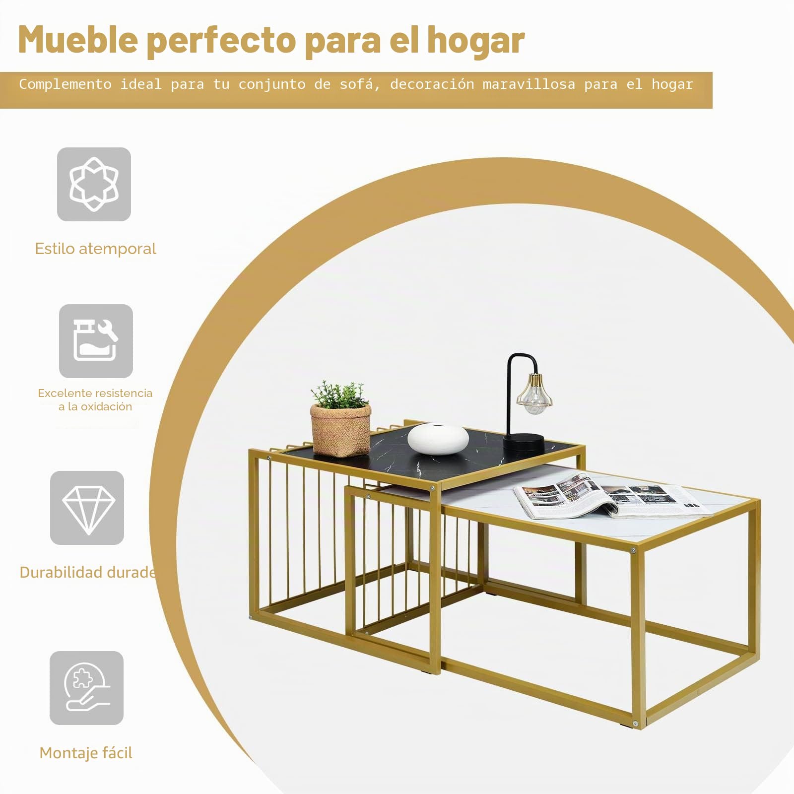 LIFEZEAL Juego de 2 mesas de café Nido con Aspecto de mármol | Mesas auxiliares rectangulares con marco de acero dorado para salón y oficina