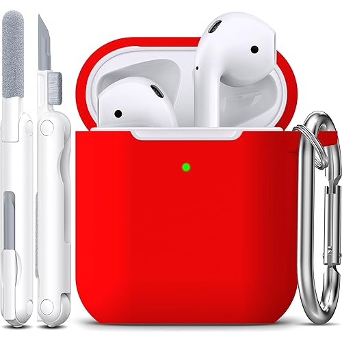 R-fun Compatible with AirPods Case Cover, Soft Silicone Protective Cover with Keychain for Women Men Compatible with Apple AirPods 2nd 1st Generation Charging Case, Front LED Visible,Red