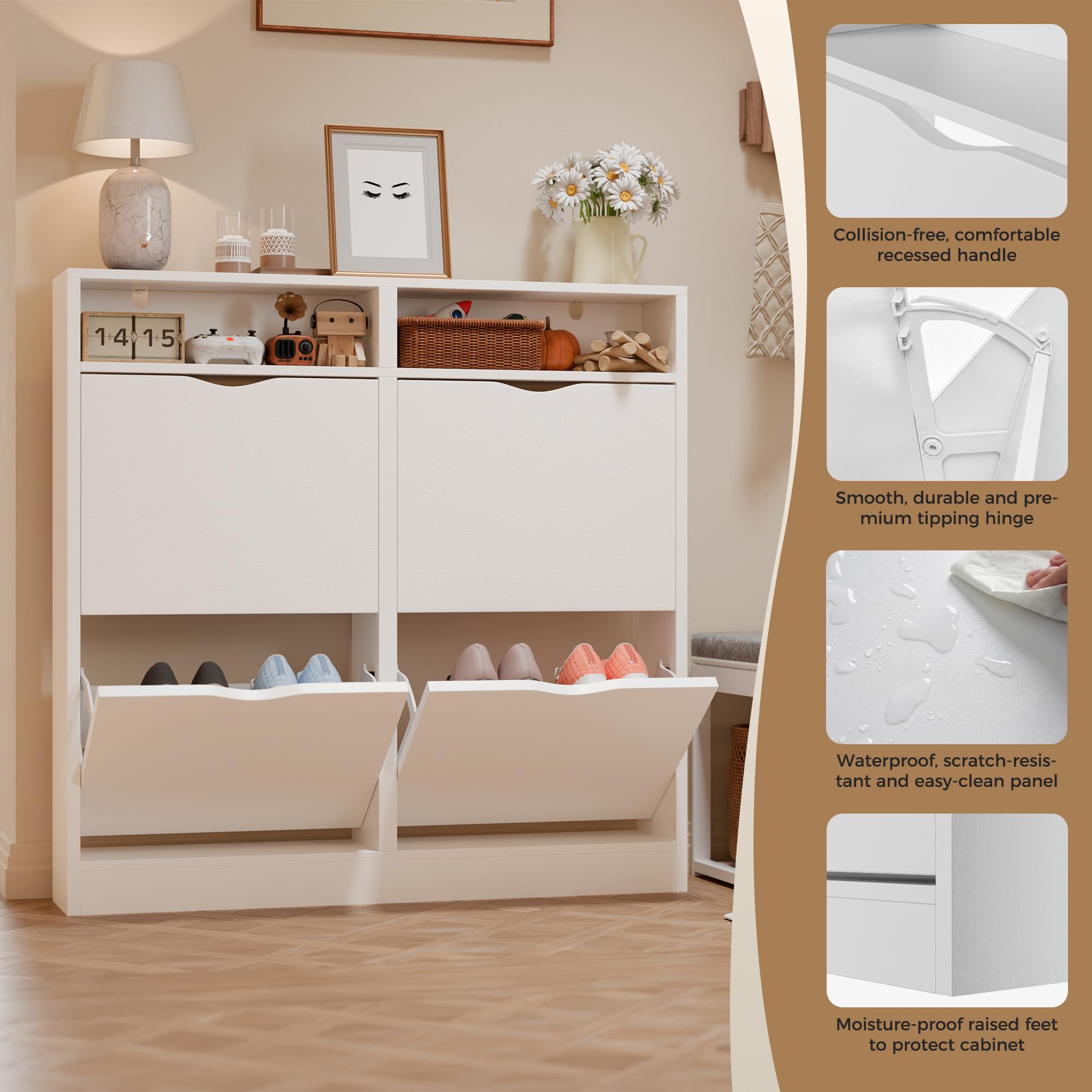ELUCHANG Scarpiera Salvaspazio Slim con 4 Ante a Ribalta, Scarpiera Armadio Moderna per Corridoio, Ingresso e Camera, Legno in Bianco, 100x17x100cm