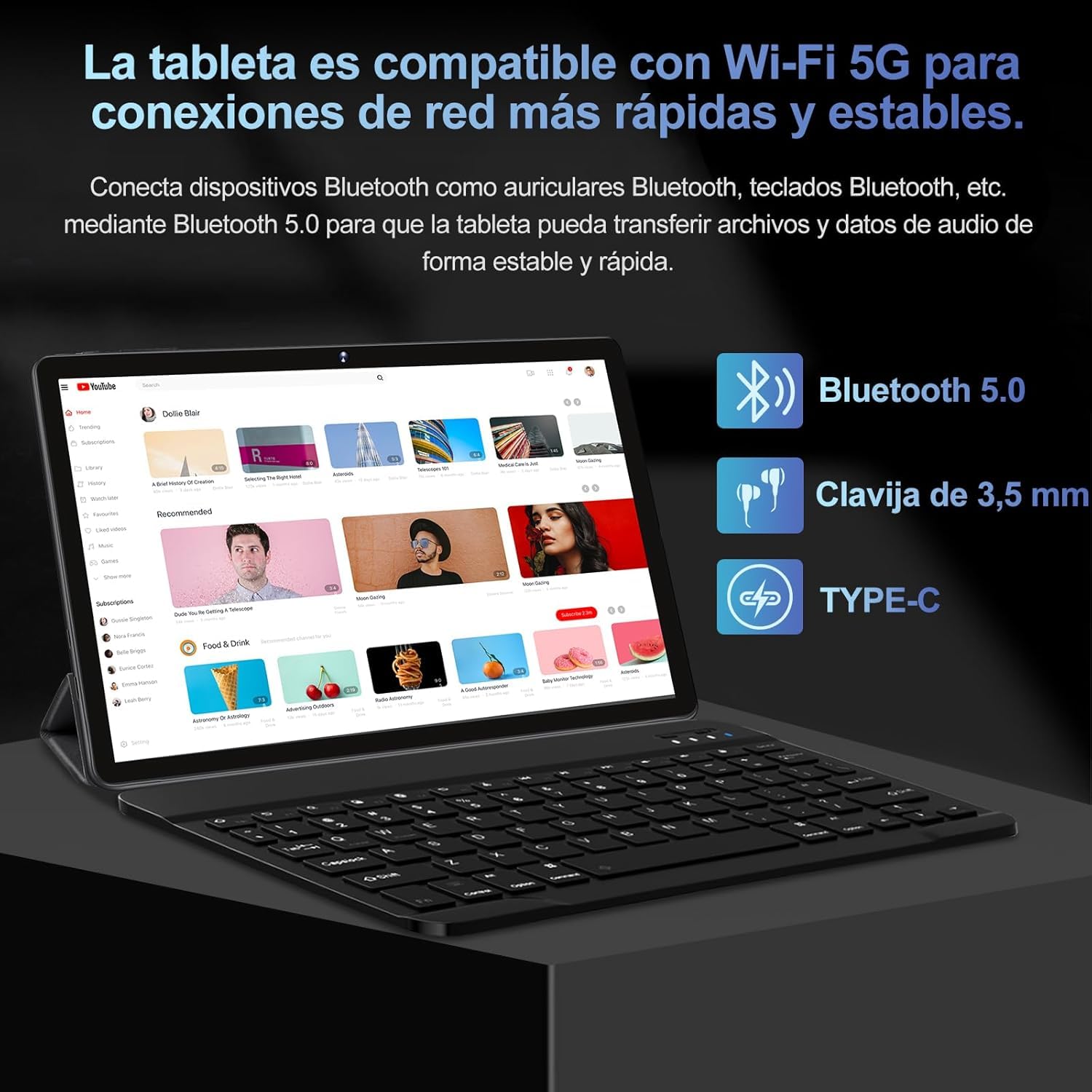 GOODTEL Tablet 10 Pollici | Android 13 | 12GB RAM 128GB ROM(1TB TF) | Octa-Core | WiFi 5G | GPS | FHD | Bluetooth5.0 | 8MP+5MP | Tipo C | OTG | Cast | Tablet PC con Custodia, Tastiera e Mouse - Grigio