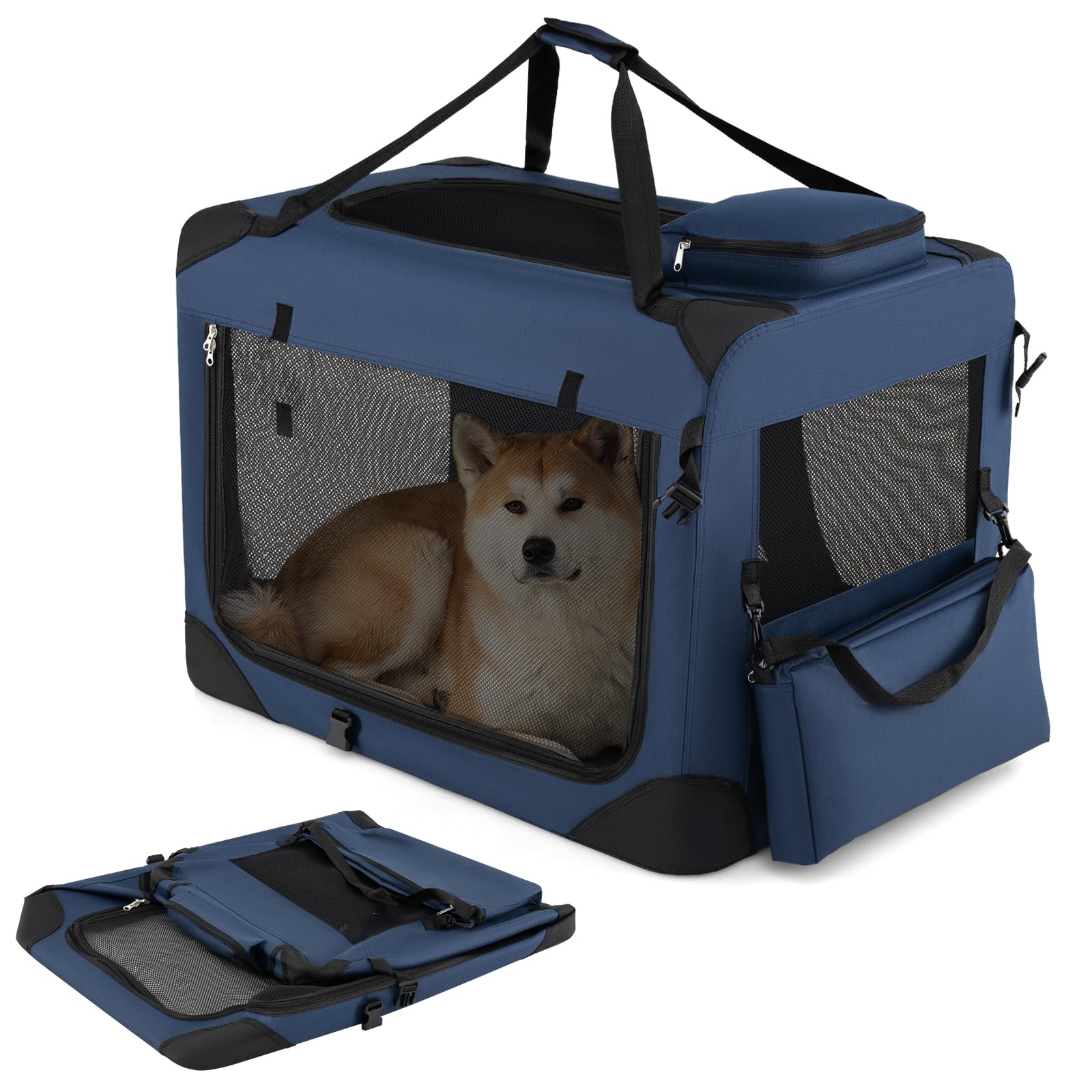 COSTWAY Transportín para Perros Plegable, Bolsa Transporte para Gatos con Ventanas de Malla, 3 Puertas y Bolsillos Extraíbles, Portador de Viaje para Mascotas Interior y Exterior (Azul,Large)