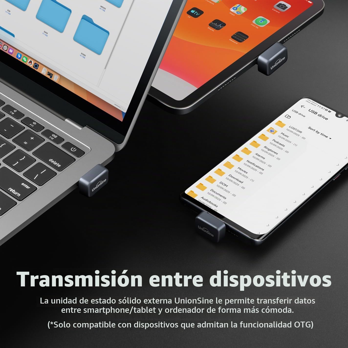 UnionSine pendrive 256 GB, Mini Disco Duro Externo ssd para iPhone 15/16/17 | USB 3.2 Memoria USB Velocidad de hasta 450 MB/s, SSD Externo para Teléfono Android, Tabletas, Mac, TV, Audio para Auto