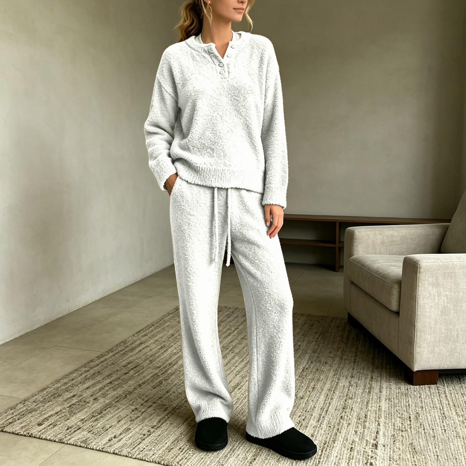 Completo termico da donna in 2 pezzi con top a maniche lunghe e pantaloni con tasche ed elastico in vita alta, tinta unita e foderati, completo invernale a gamba dritta con maglia a righe ispessita,