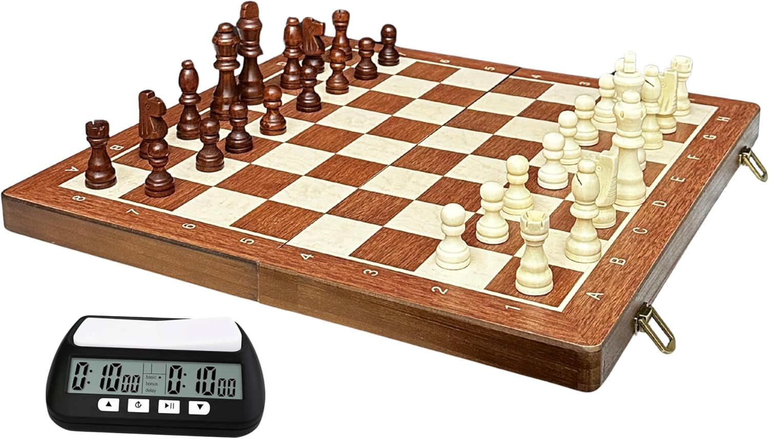 Essential Presence 15" Wooden Chess Set – Magnetic Chess Board with Timer, Folding Chess Set for Kids and Adults – Portable Travel Game, Family & Party
