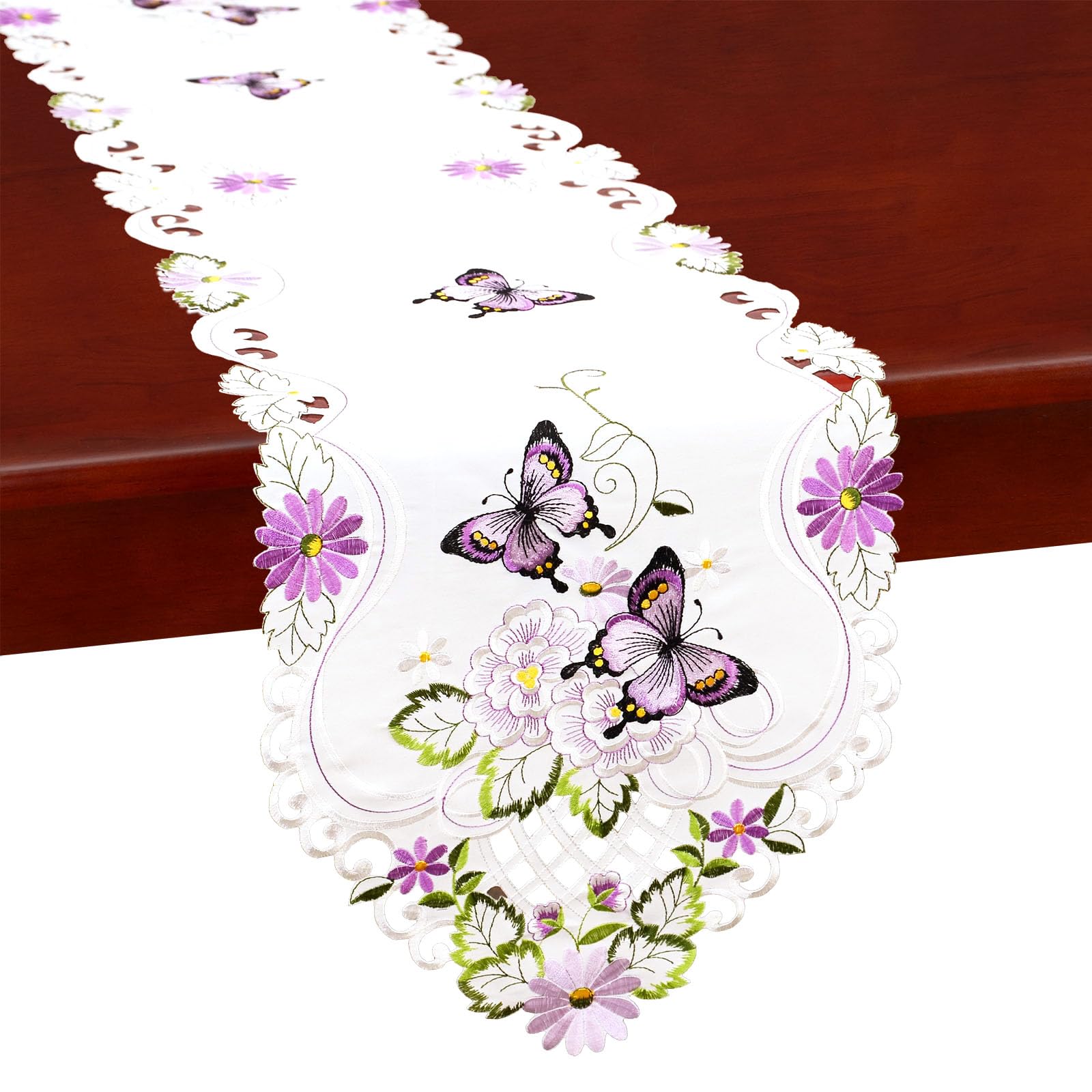 Simhomsen Embroidered Butterfly Table Runner for Spring and Summer, Dresser Scarf (Purple, 14 x 53 inches)