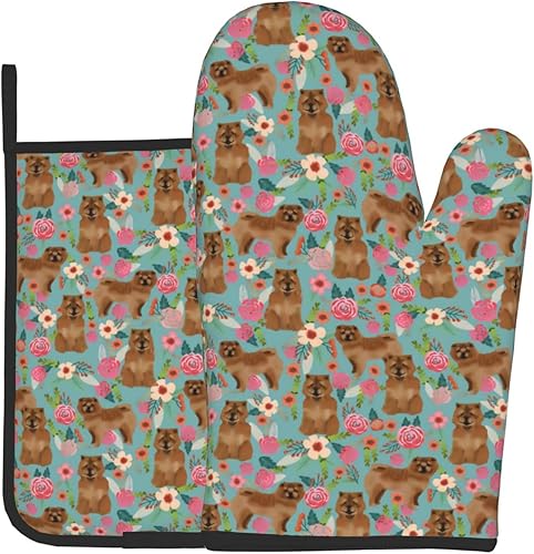Lindos guantes de horno y soportes para ollas con estampado floral para perros Chow Chow, reutilizables, antideslizantes, resistentes al calor, para