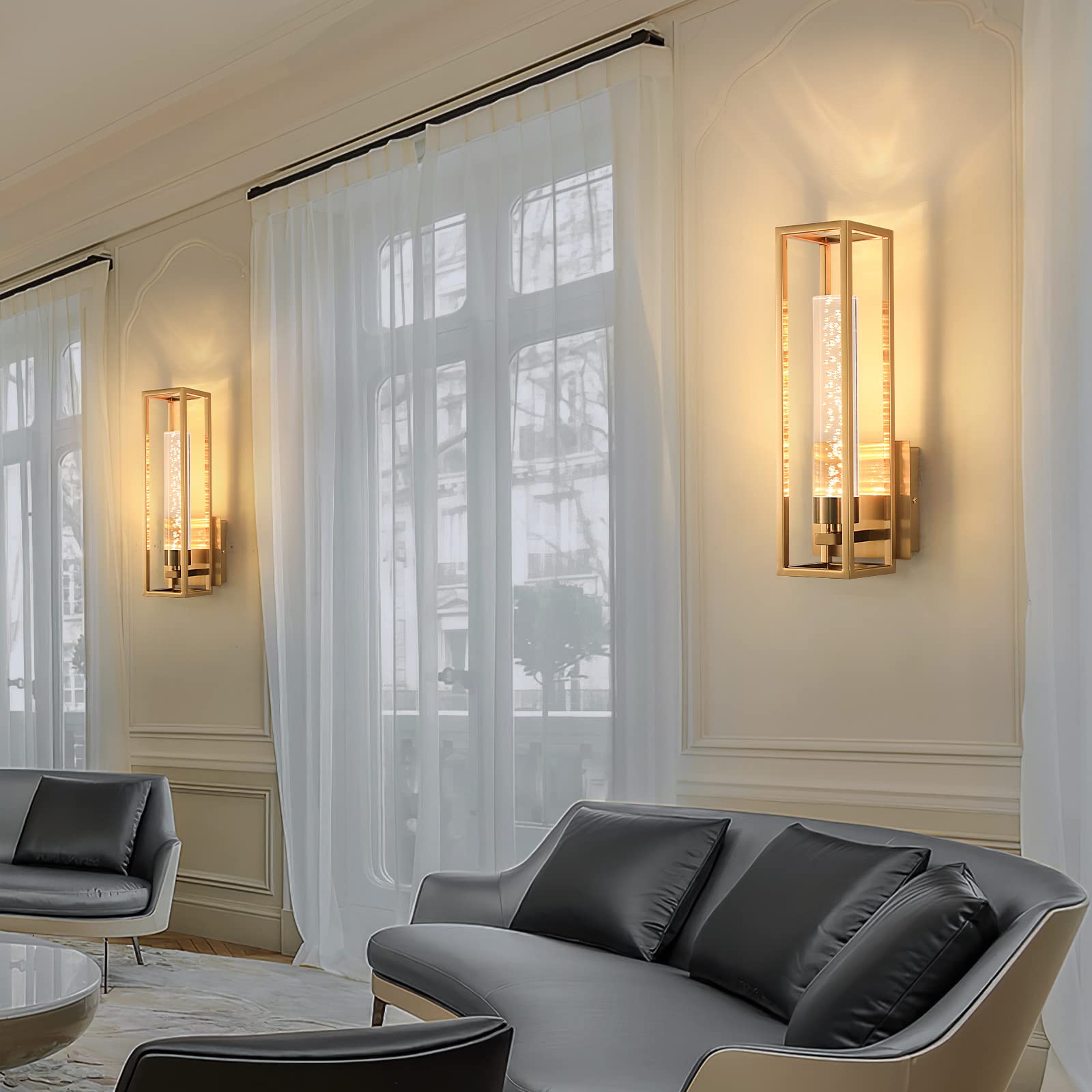 Modern LED Wall Sconce Light Lighting with Cylindrical Bubble Crystal Shade 7W 3000K Indoor Wall Lamps Gold Rectangle Wall Mounted Light Fixtures for Stairway Bedroom Hallway Bathroom Living Room