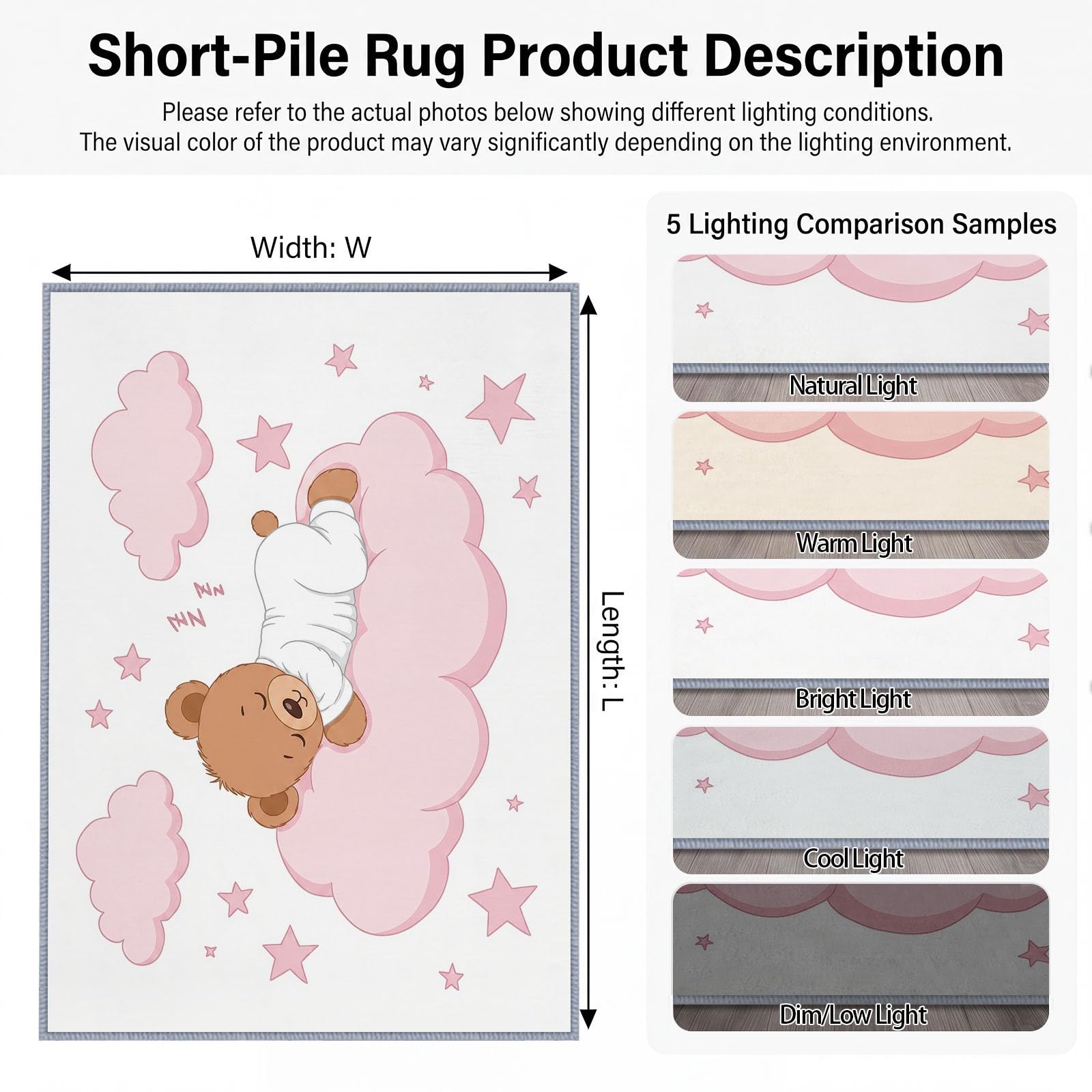 Tappeto per soggiorno con cartoni animati, 120 x 170 cm, motivo a forma di orsetto rosa, nuvola rosa, lavabile in lavatrice, antiscivolo, design moderno, a pelo basso, stampato, per bambini e animali