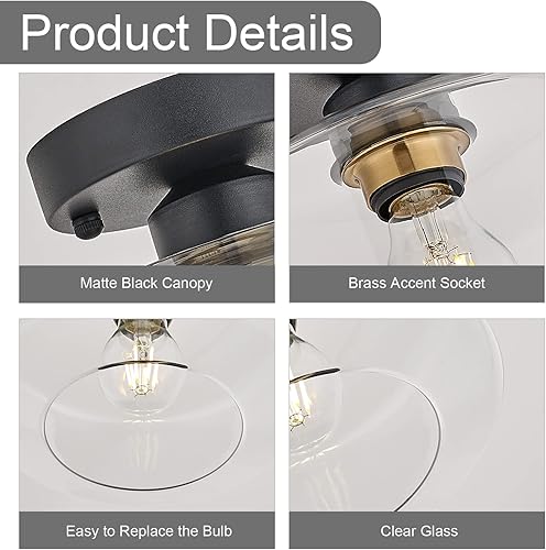 Miniatura 6 de BISAMIYA Lámpara de techo semiempotrada, lámpara de techo negro mate con vidrio transparente para entrada, pasillo, comedor, cafetería, bar,