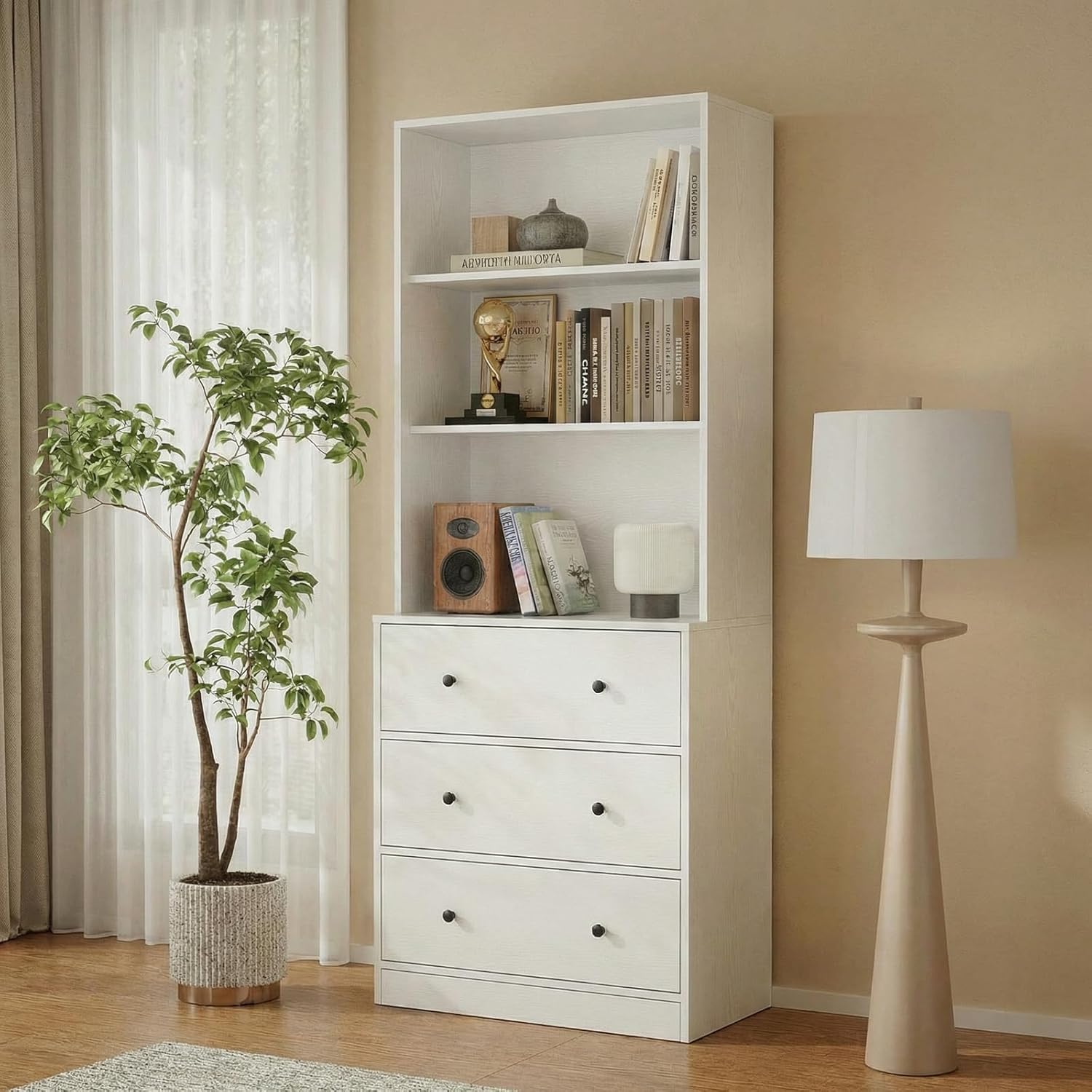 TUSY 71'' Wood Bookshelf with 3 Drawers - 6 Tier Freestanding Tall Storage Cabinet, Modern Floor Cabinet for Bedroom, Curio Cabinets with Storage for Living Room, Home Office (1, White)