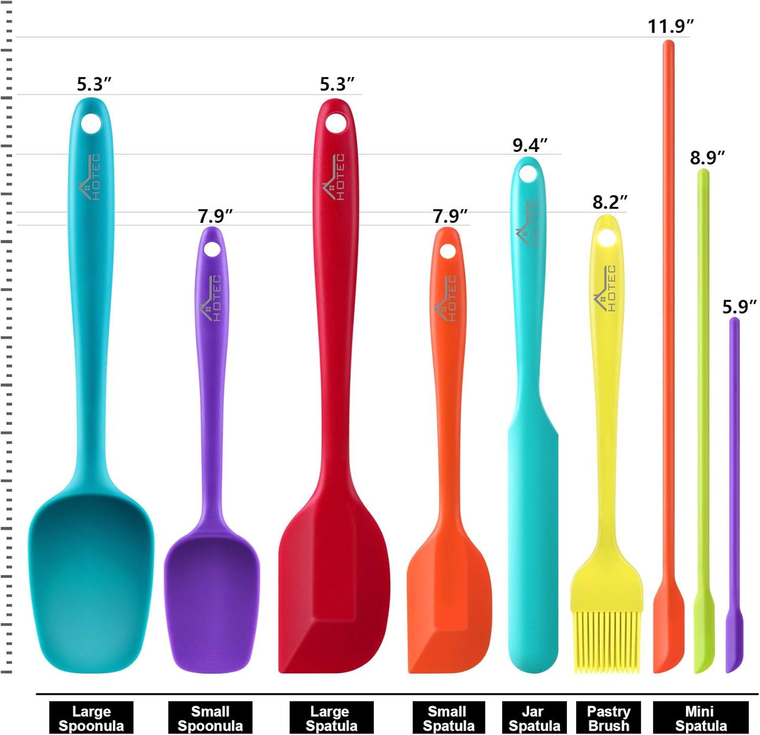 HOTEC Silicone Spatula Set Kitchen Utensils for Baking Cooking Mixing Heat Resistant Non Stick Cookware Food Grade BPA Free Dishwasher Safe (Multi-Color) Set of 9: Home & Kitchen