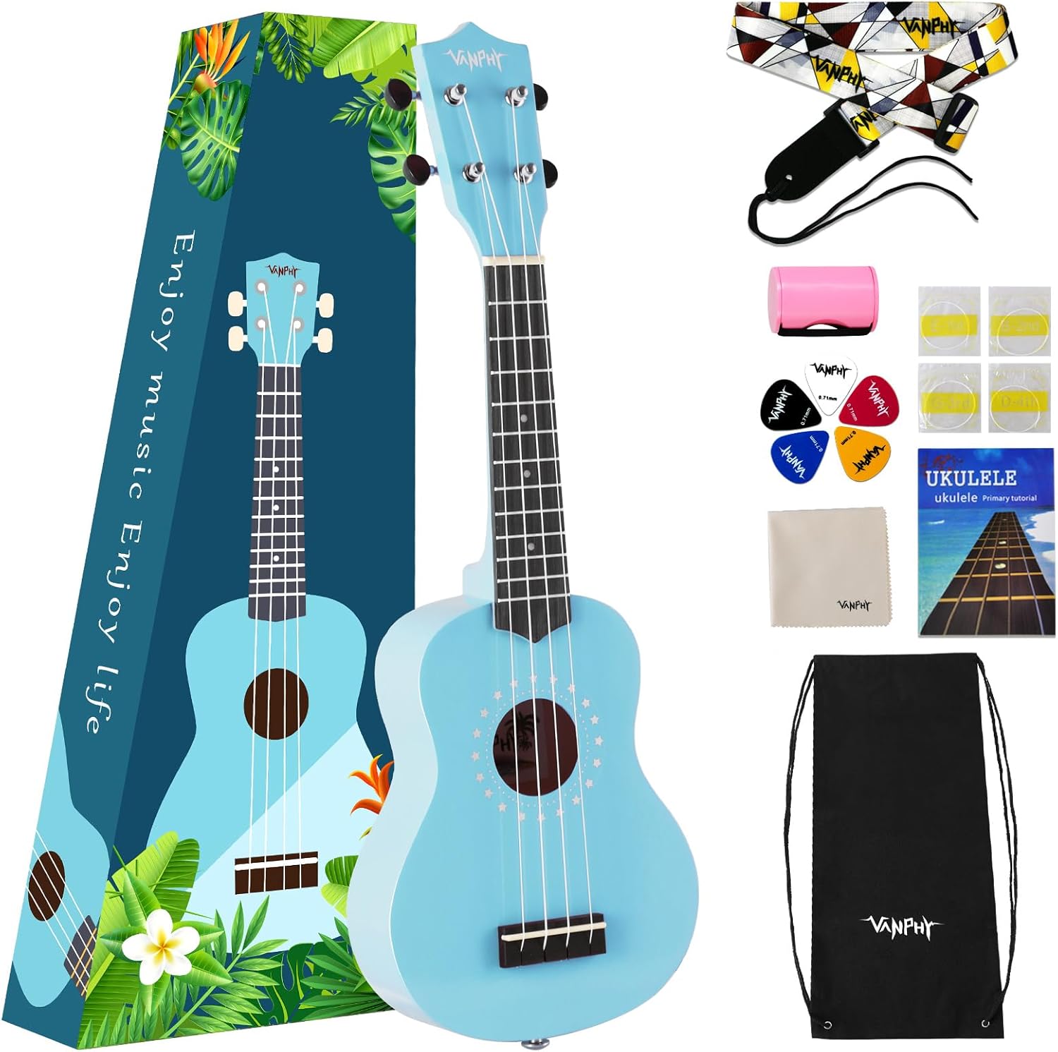Soprano ukulele for beginner kids with Gig Bag 21 Inch uke for Starter Hawaiian Soprano Ukalalee Polishing adults Basswood 21 Inch uke with Strap Picks Songbook Cleaning Cloth (Light Blue)