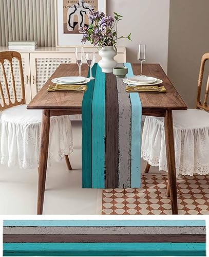 Miniatura 190 de Camino de mesa de algodón y lino estilo granja rústico retro, textura de madera de granero, color degradado marrón y gris, antideslizante,