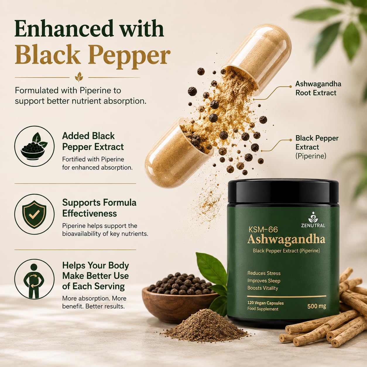 Ashwagandha KSM 66 with Black Pepper Extract - 120 Capsules — Amazon image 3