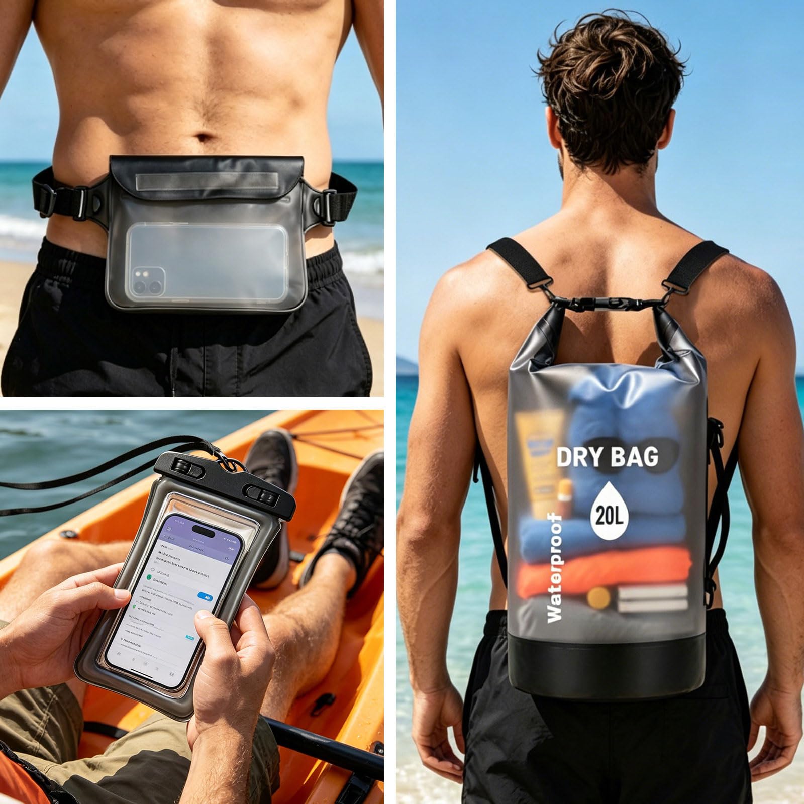 Dry Bag 20L Bolsa Estanca con Riñonera Impermeable y Funda para Móvil | PLCatis Mochila Estanca Waterproof Dry Bag Backpack para Barcos Kayak Sup Deportes Acuáticos y Camping - Negro